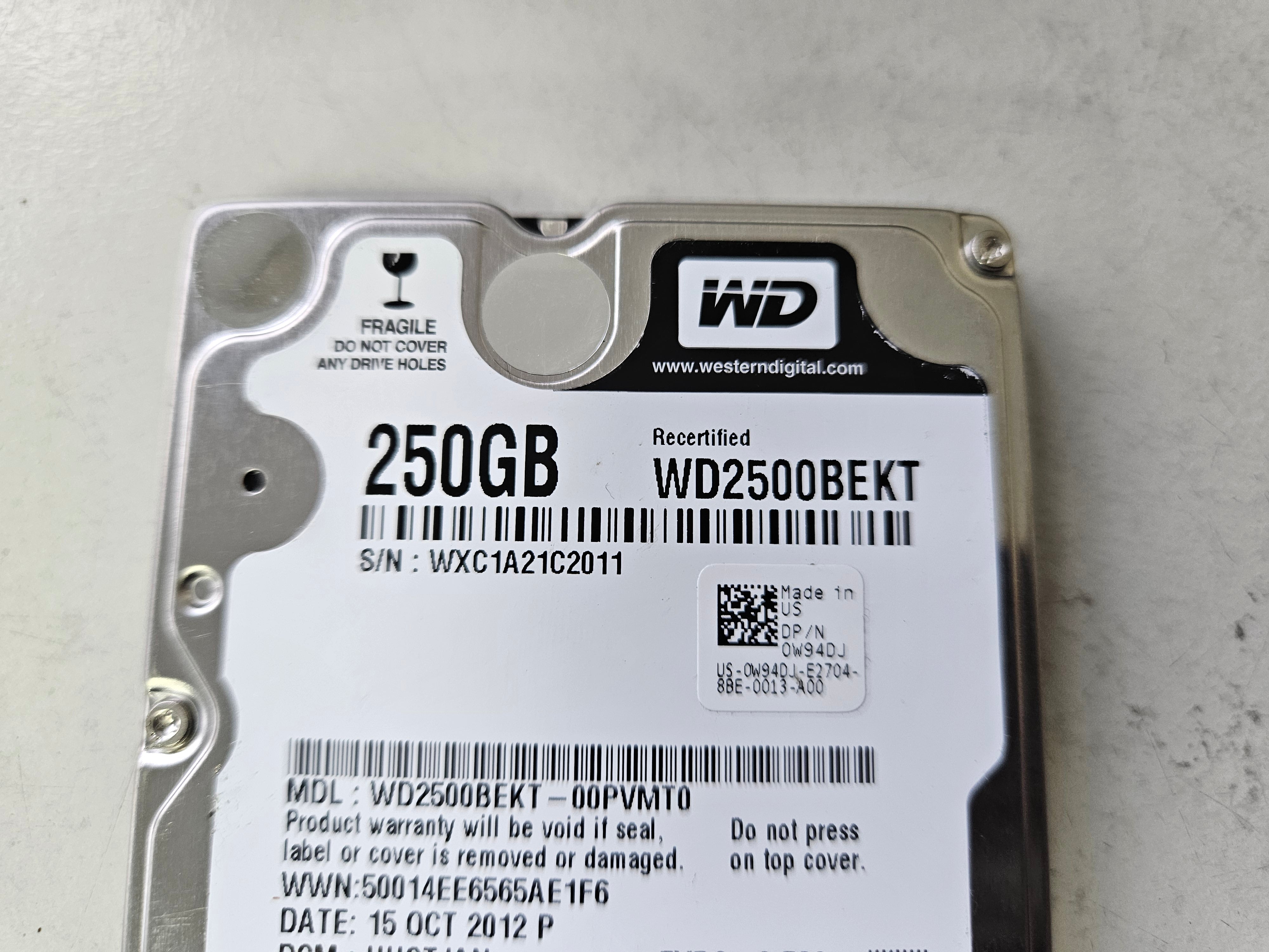 WD Dell 250GB 7200RPM SATA 2.5" RECERTIFIED HDD ( WD2500BEKT-00PVMT0 0W94DJ ) REF