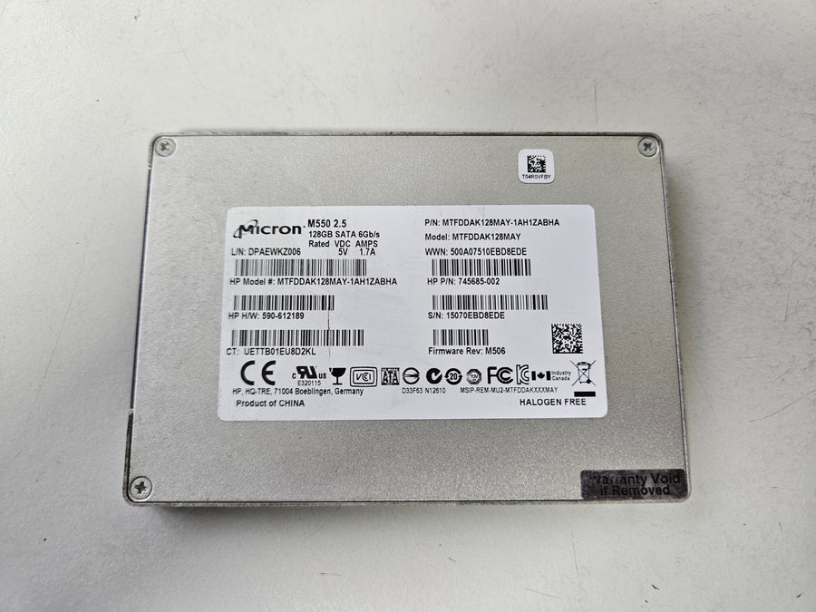 Micron HP M550 128GB MLC SATA 2.5in SSD ( MTFDDAK128MAY MTFDDAK128MAY-1AH1ZABHA 745685-002 590-612189 ) USED