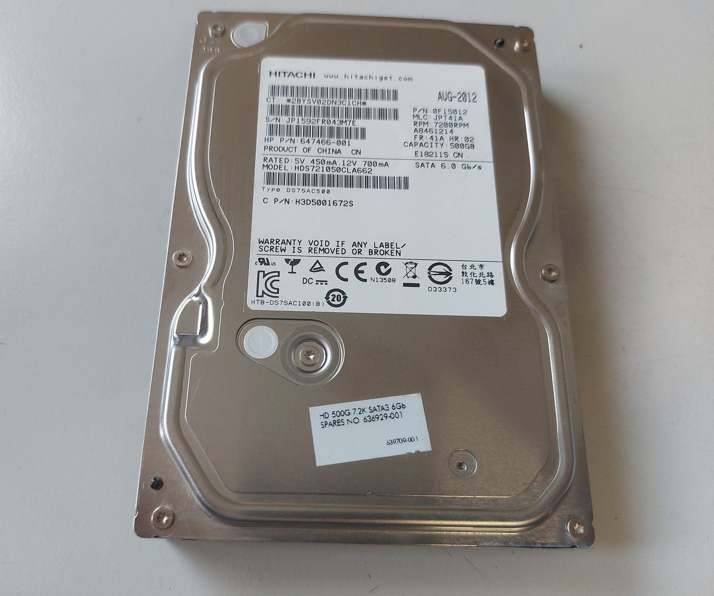 Hitachi HP 500GB SATA 7200rpm 3.5in HDD ( HDS721050CLA662 0F15012 647466-001 636929-001 ) REF