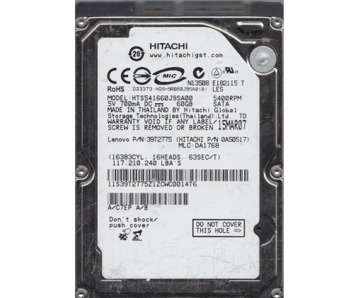 Hitachi IBM 60GB 5400RPM SATA 2.5in HDD ( HTS541660J9SA00 0A50517 39T2775 ) USED
