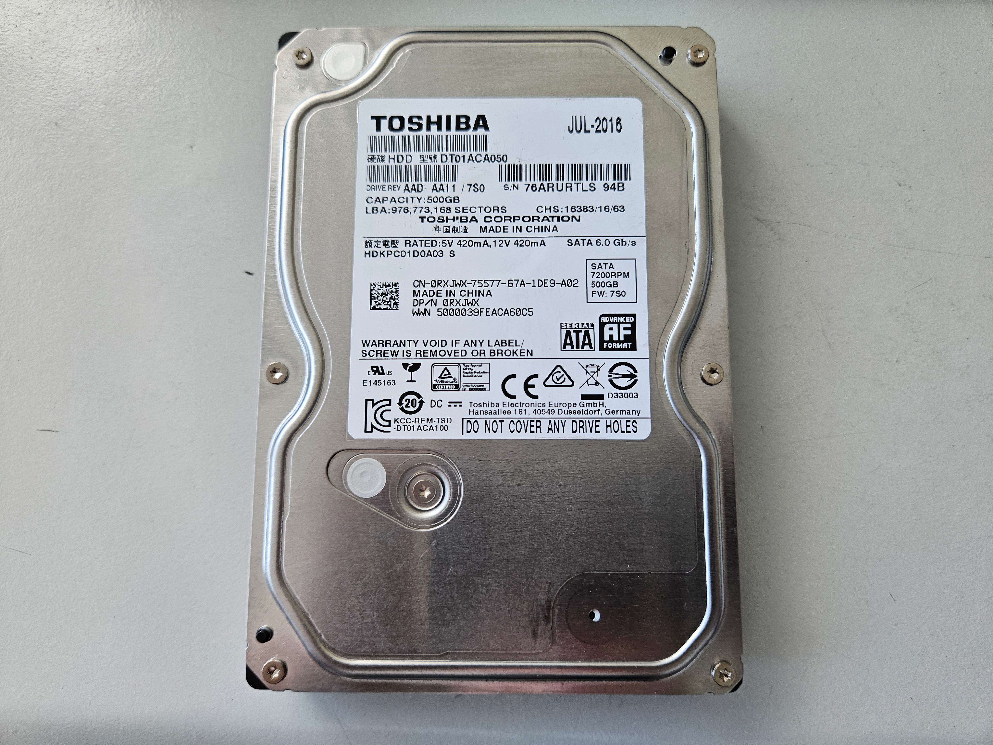 Toshiba Dell 500GB 7200RPM SATA 3.5" HDD ( DT01ACA050 HDKPC01D0A03 0RXJWX ) REF