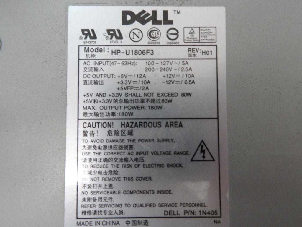 1N405 - Dell 180W ATX PSU for Optiplex GX260 - Input 100-127V~5A, 200-240V~2.5A 47-63Hz- Output 5V/12A, 3.3V/10A, 12V/10A, 5VFP/2A, -12V/0.5A - Max power 108W - Silver - Refurbished