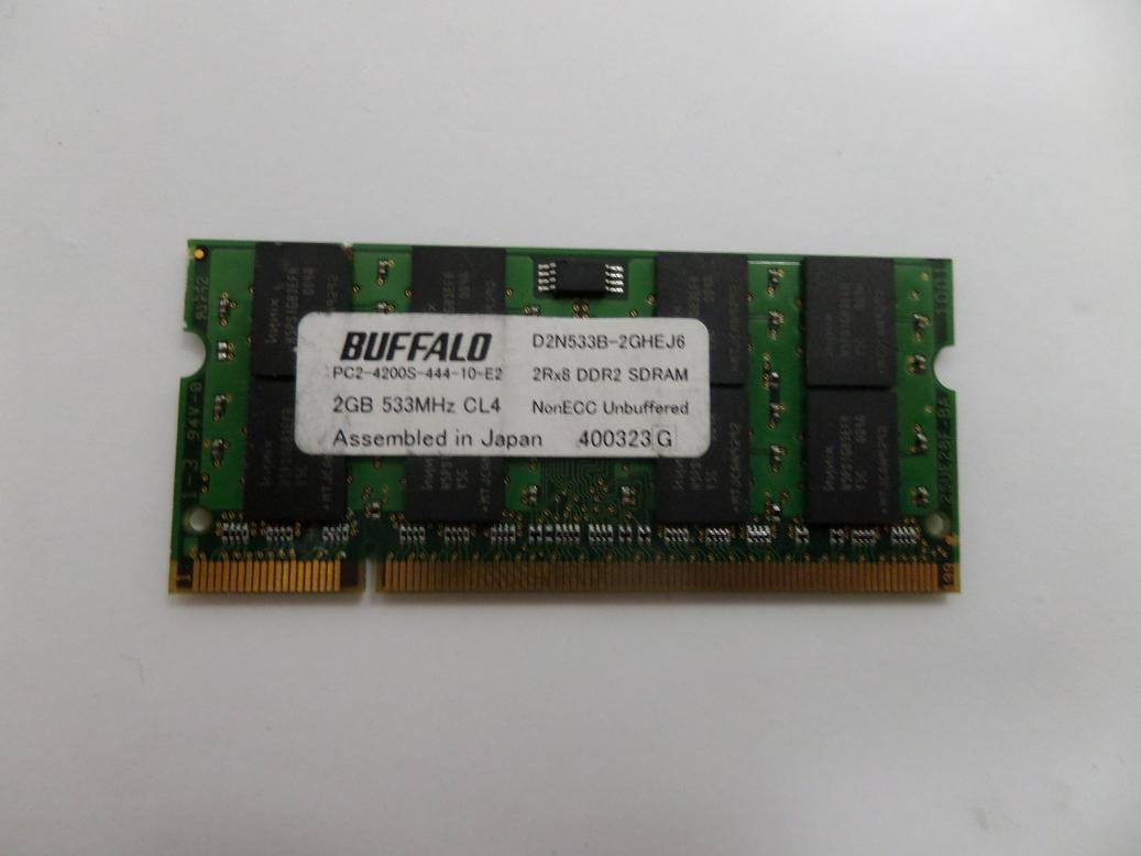 D2N533B-2GHEJ6 - Buffalo 1GB 200p PC2-4200 CL4 16c 64x8 DDR2-533 2Rx8 1.8V SODIMM - USED