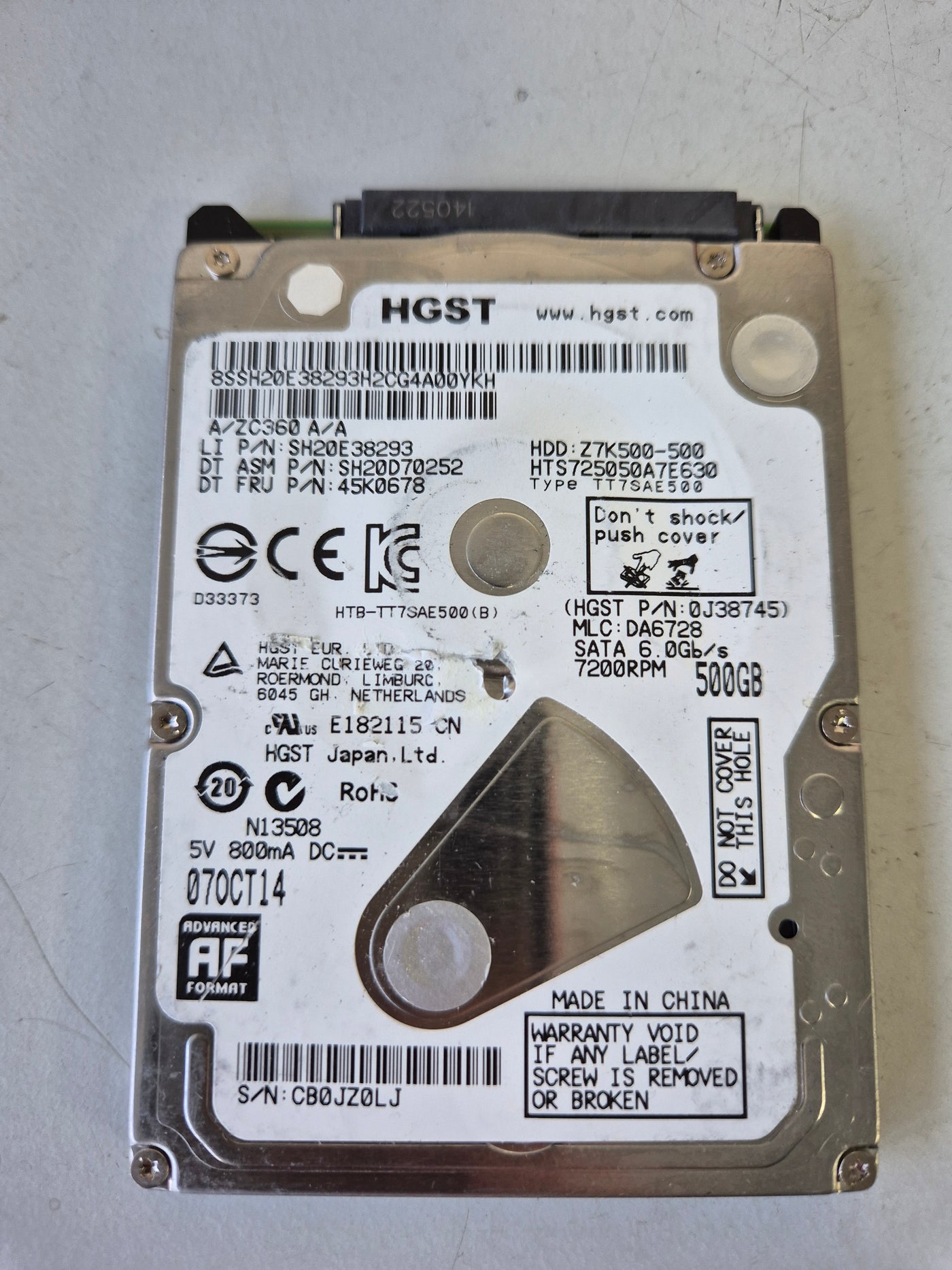 HGST Lenovo 500GB SATA 7200rpm 2.5in HDD ( 0J38745 SH20E38293 SH20D70252 45K0678 HTS725050A7E630 Z7K500-500 ) USED