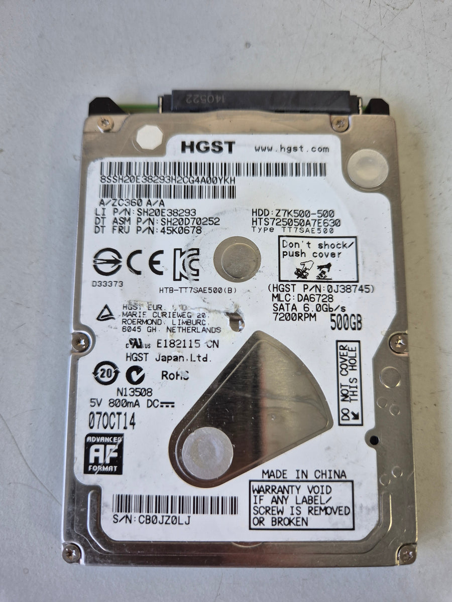 HGST Lenovo 500GB SATA 7200rpm 2.5in HDD ( 0J38745 SH20E38293 SH20D70252 45K0678 HTS725050A7E630 Z7K500-500 ) USED