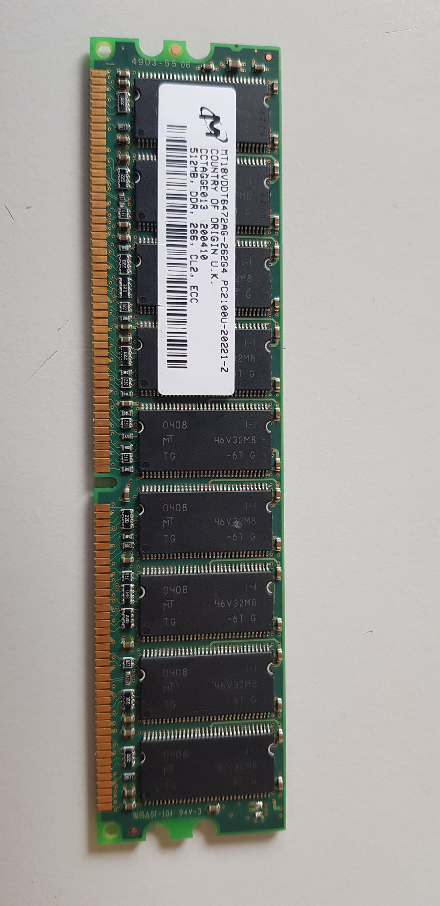 Micron 512MB PC2100 DDR-266MHz ECC Unbuffered CL2.5 184-Pin DIMM Memory Module ( MT18VDDT6472AG-262G4 )