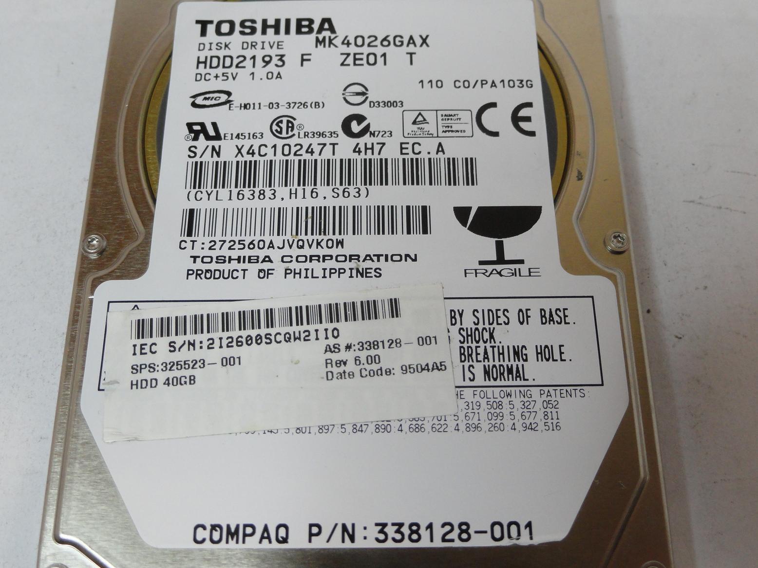 PR23966_HDD2193_Toshiba Compaq 40GB IDE 5400rpm 2.5in HDD - Image2