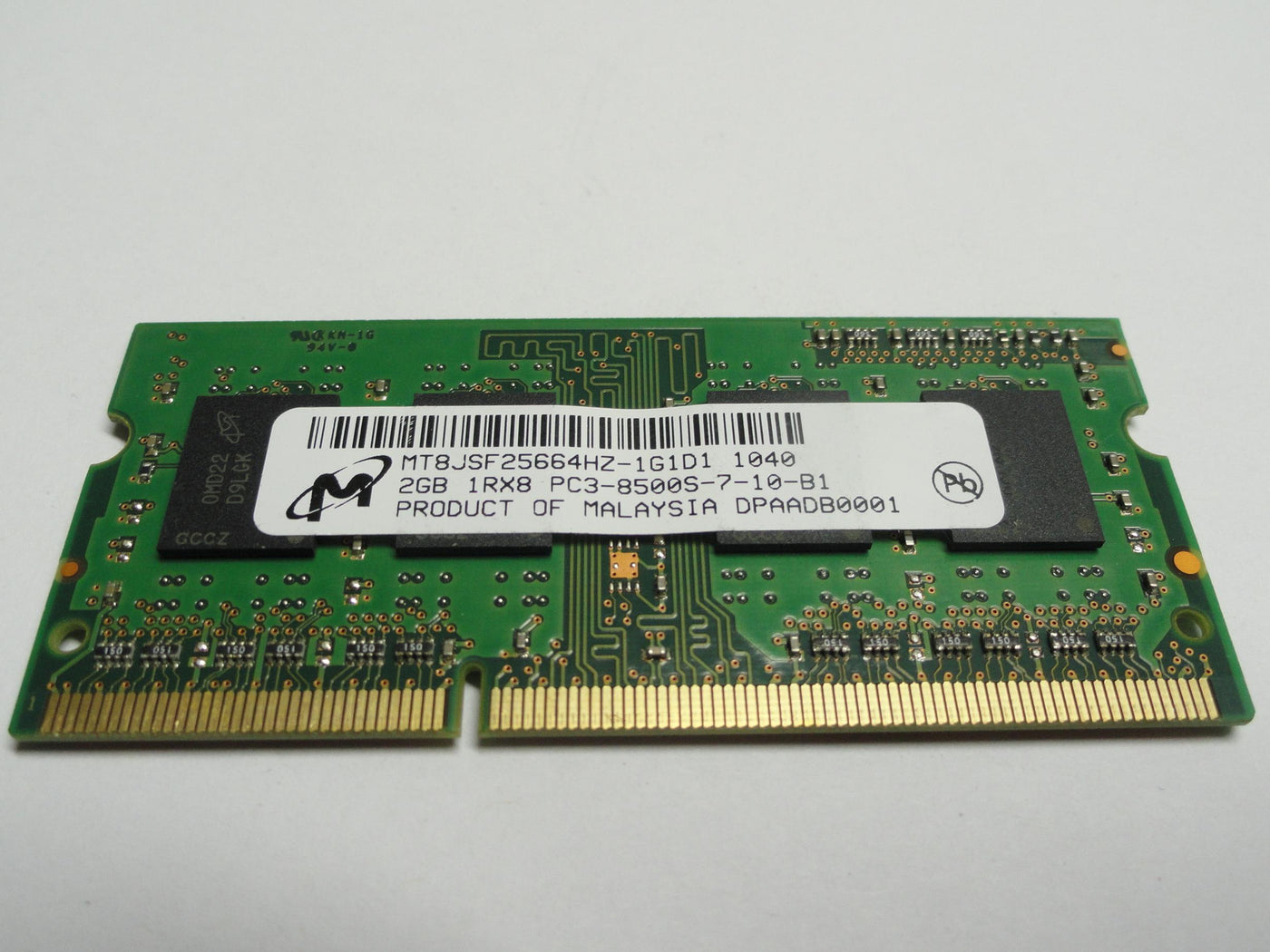 PC3-8500S-7-10-B1 - Micron 2Gb 204 Pin PC3-8500 CL7 DDR3-1066 8c 256x8 1Rx8 1.5V SODIMM Memory Module - Refurbished