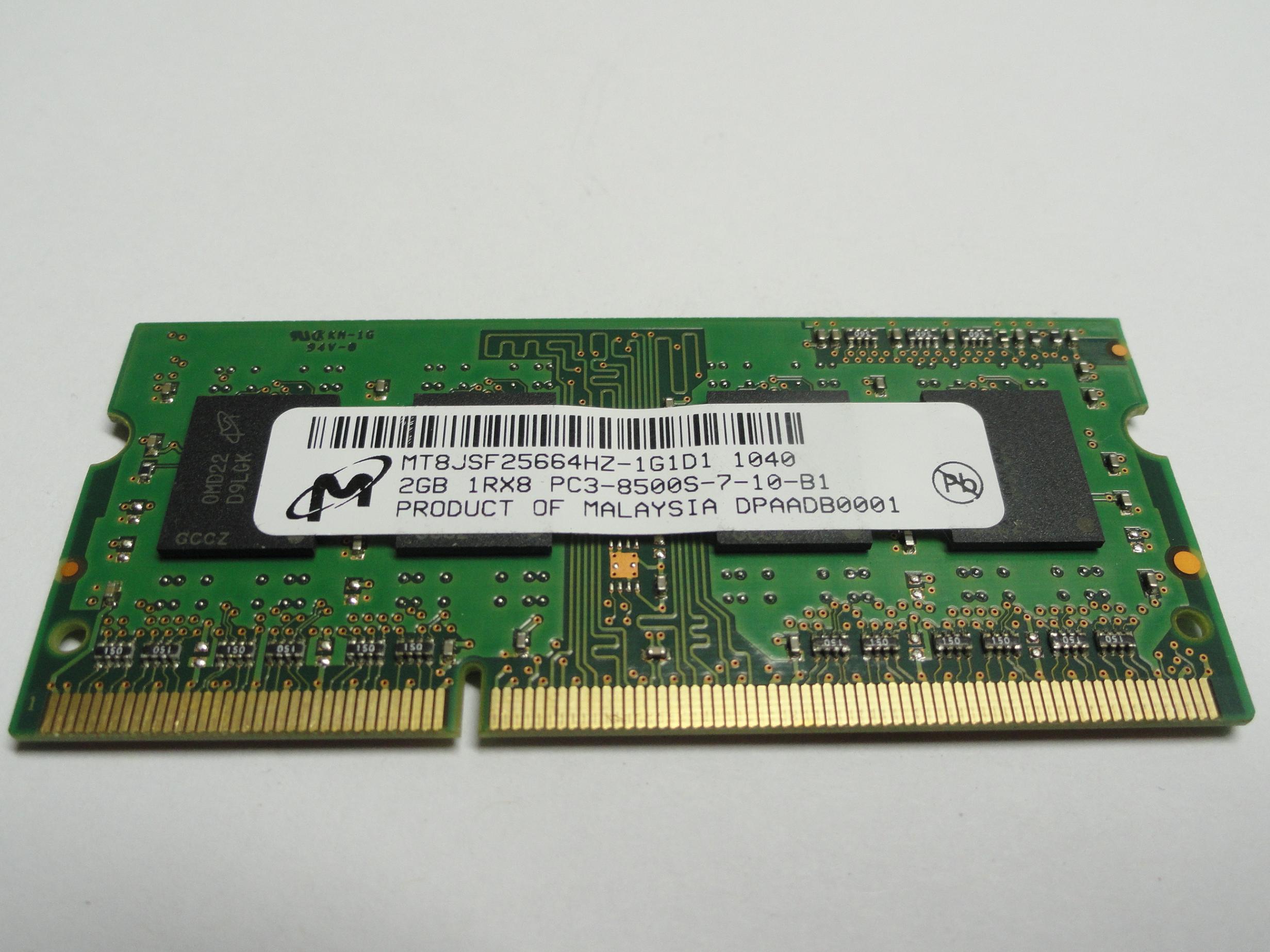 PC3-8500S-7-10-B1 - Micron 2Gb 204 Pin PC3-8500 CL7 DDR3-1066 8c 256x8 1Rx8 1.5V SODIMM Memory Module - Refurbished