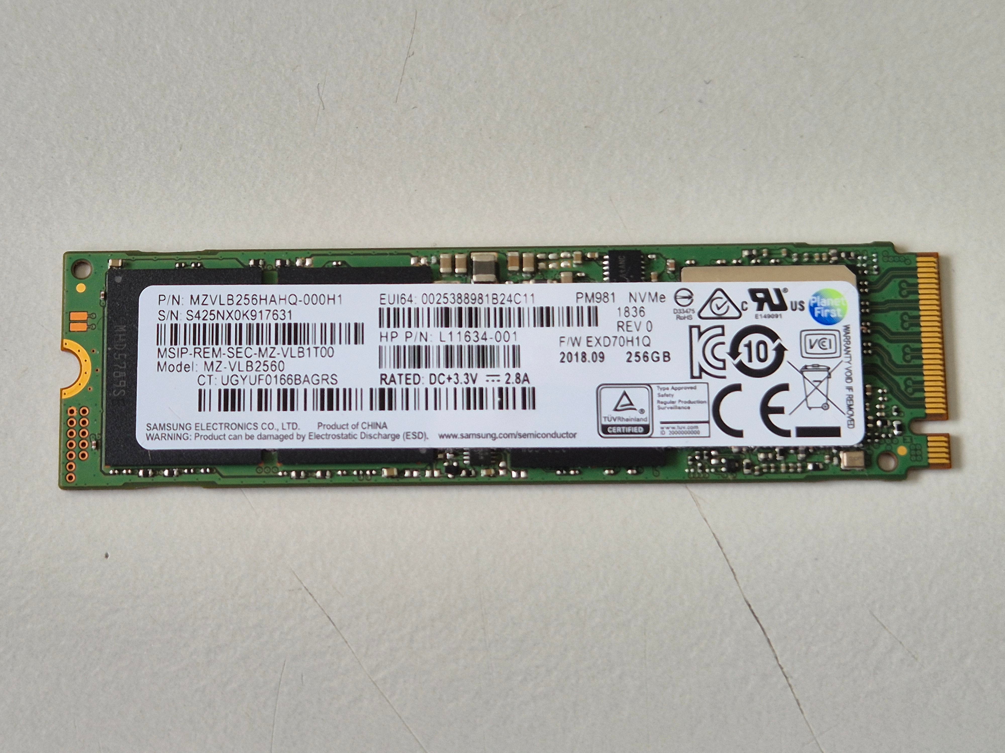 Samsung HP PM981 256GB TLC PCIe 3.0 x4 NVMe M.2 2280 ( MZ-VLB2560 MZVLB256HAHQ-000H1 L22028-002 ) REF