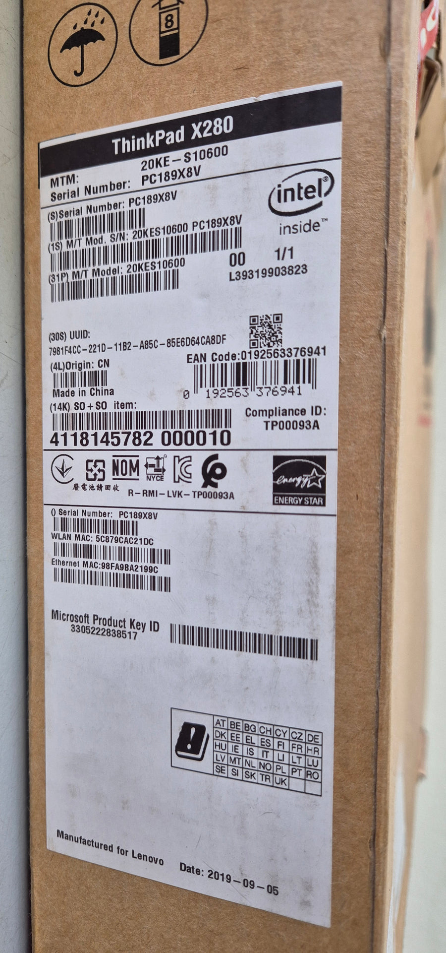 Lenovo ThinkPad X280 500GB SSD 16GB RAM i5-8350U 1.9GHz Win10 12.5" ( 20KE-S10600 ) REF