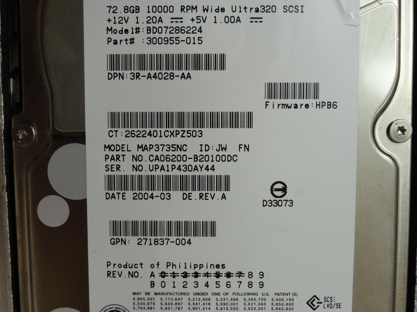 PR21445_CA06200-B20100DC_Fujitsu HP 72.8GB SCSI 80 Pin 10Krpm 3.5in HDD - Image3