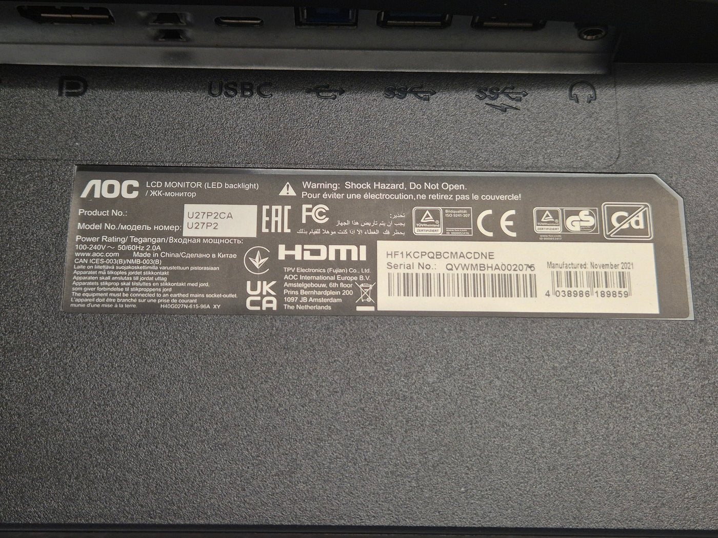 AOC U27P2 27in 4K UHD (3840 x 2160) Monitor boxed w/ stand + accessories ( U27P2CA ) USED Grade A
