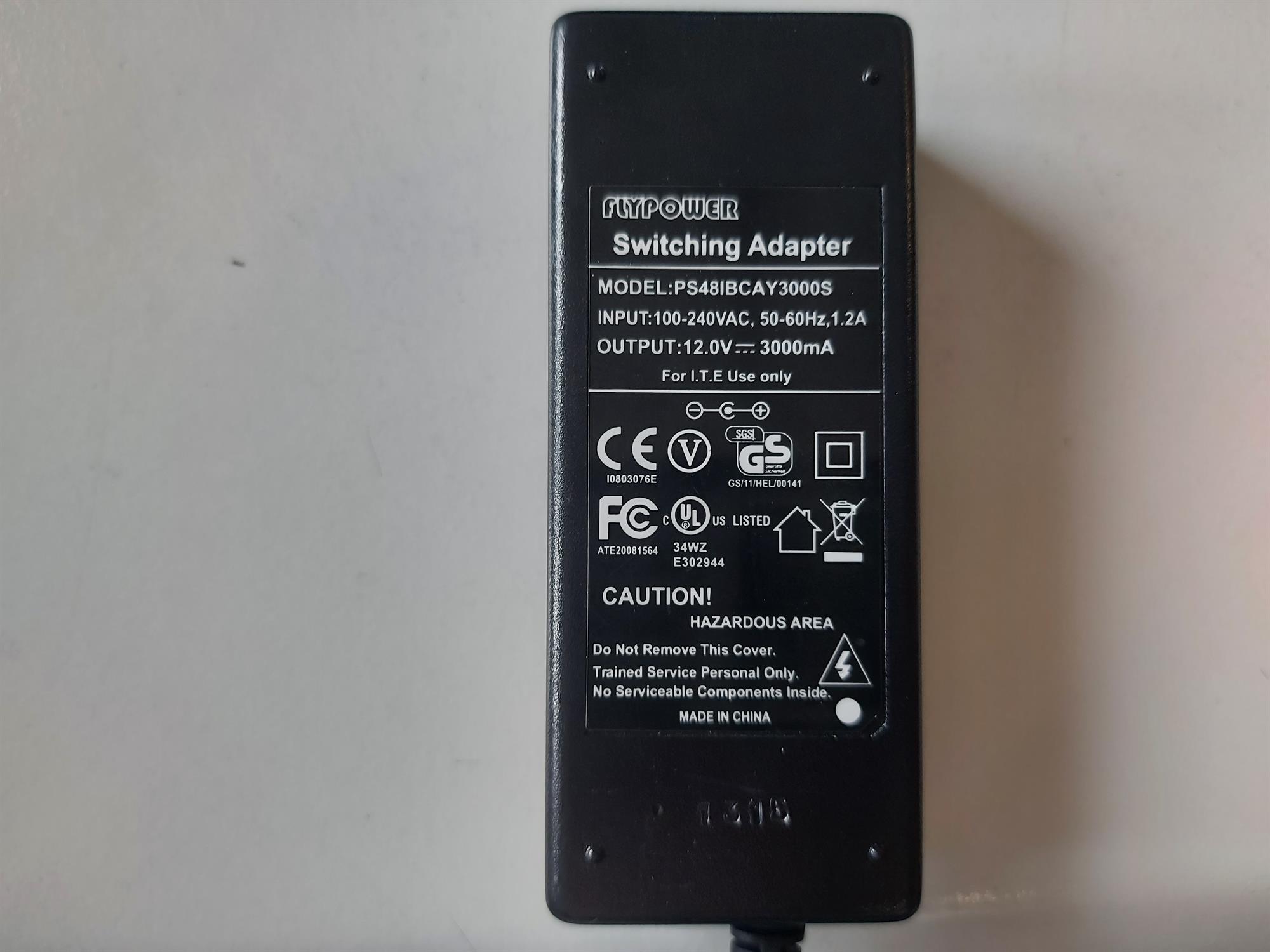 Flypower 12.0V 3000mA AC-DC Switching power adapter (PS48IBCAY3000S)