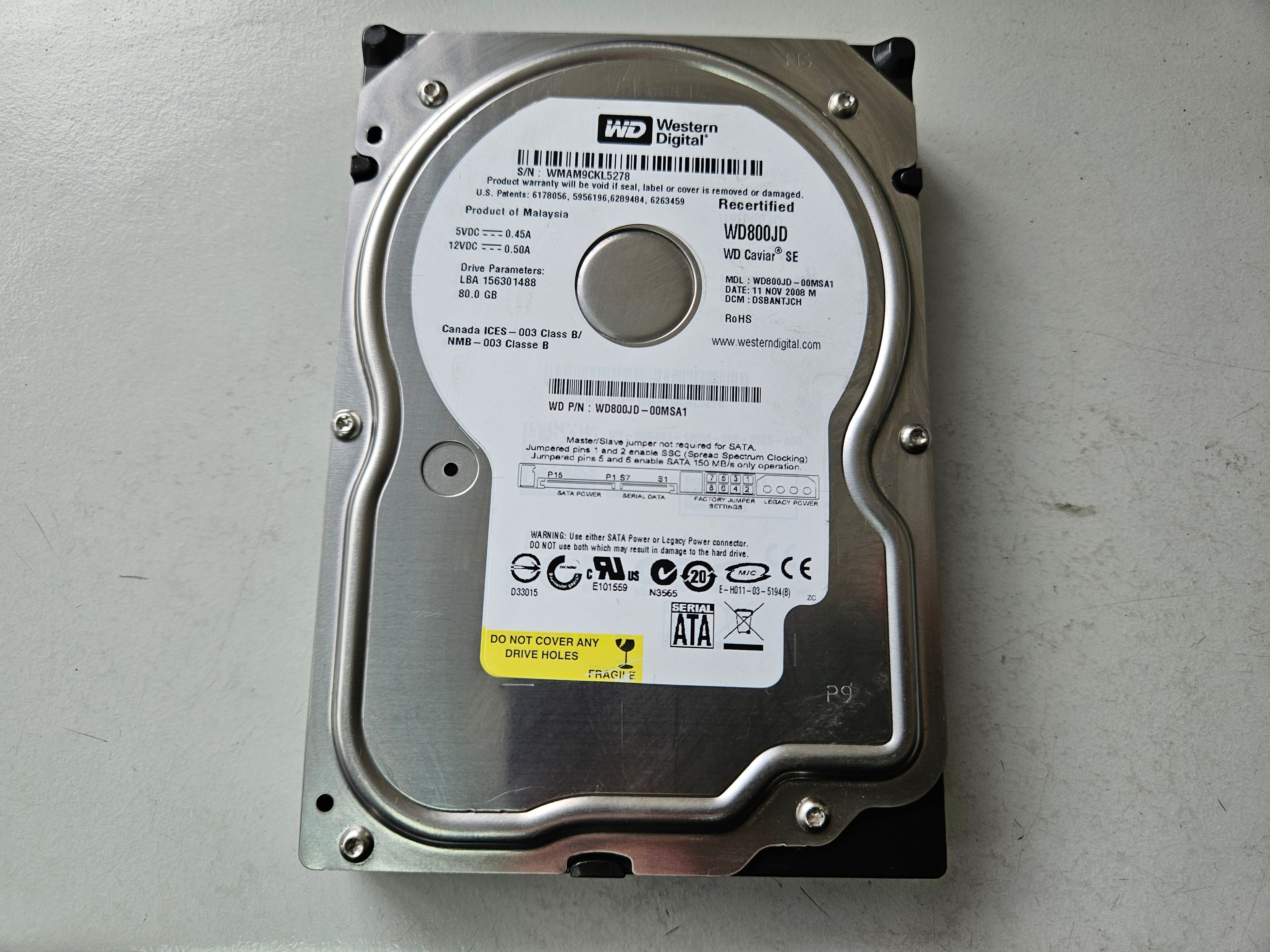 Western Digital 80GB SATA 7200rpm 3.5in RECERTIFIED HDD ( WD800JD-00MSA1 ) REF