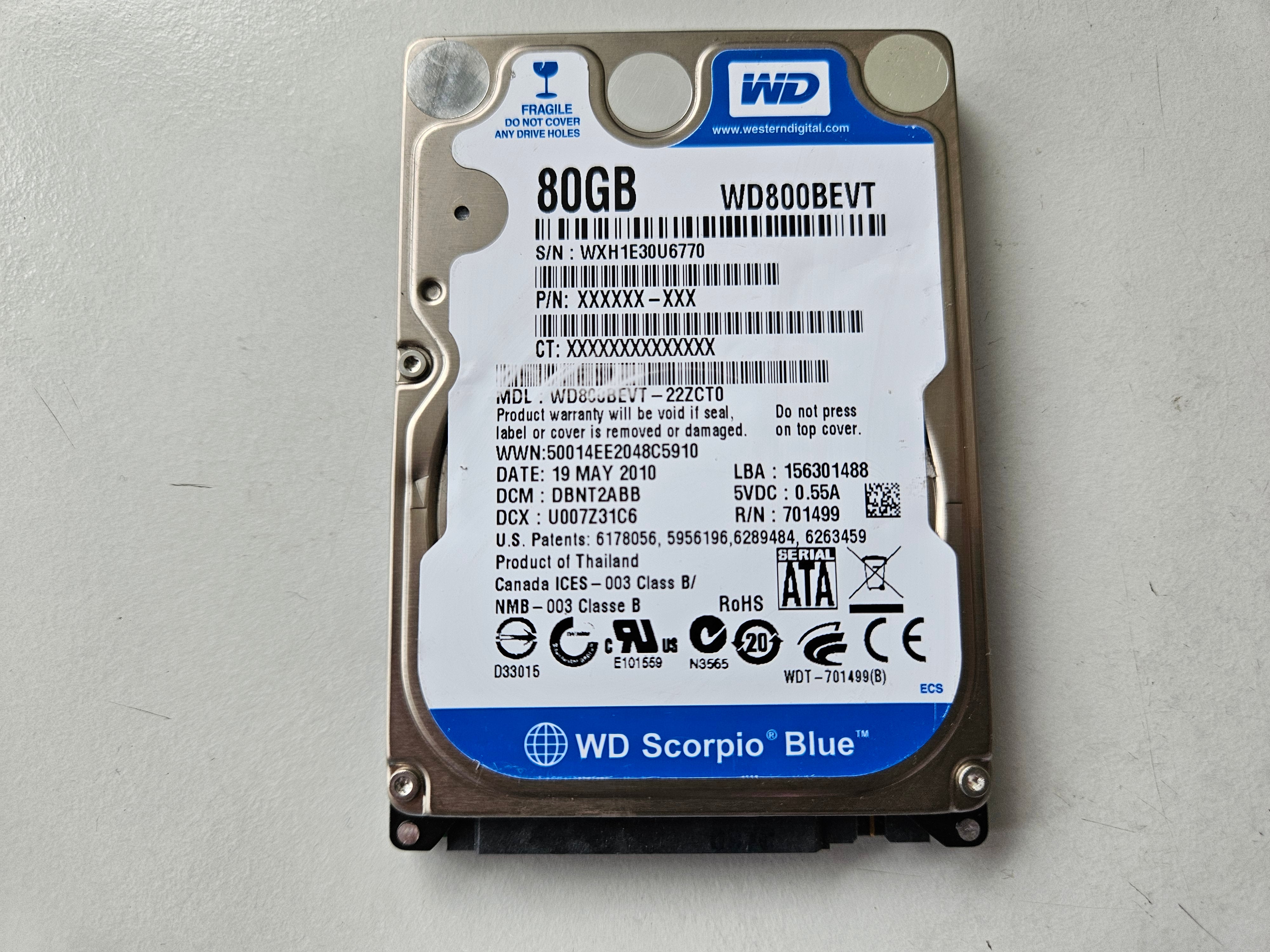 Western Digital Scorpio Blue 80GB SATA 2.5" HDD ( WD800BEVT-22ZCT0 WD800BEVT ) USED