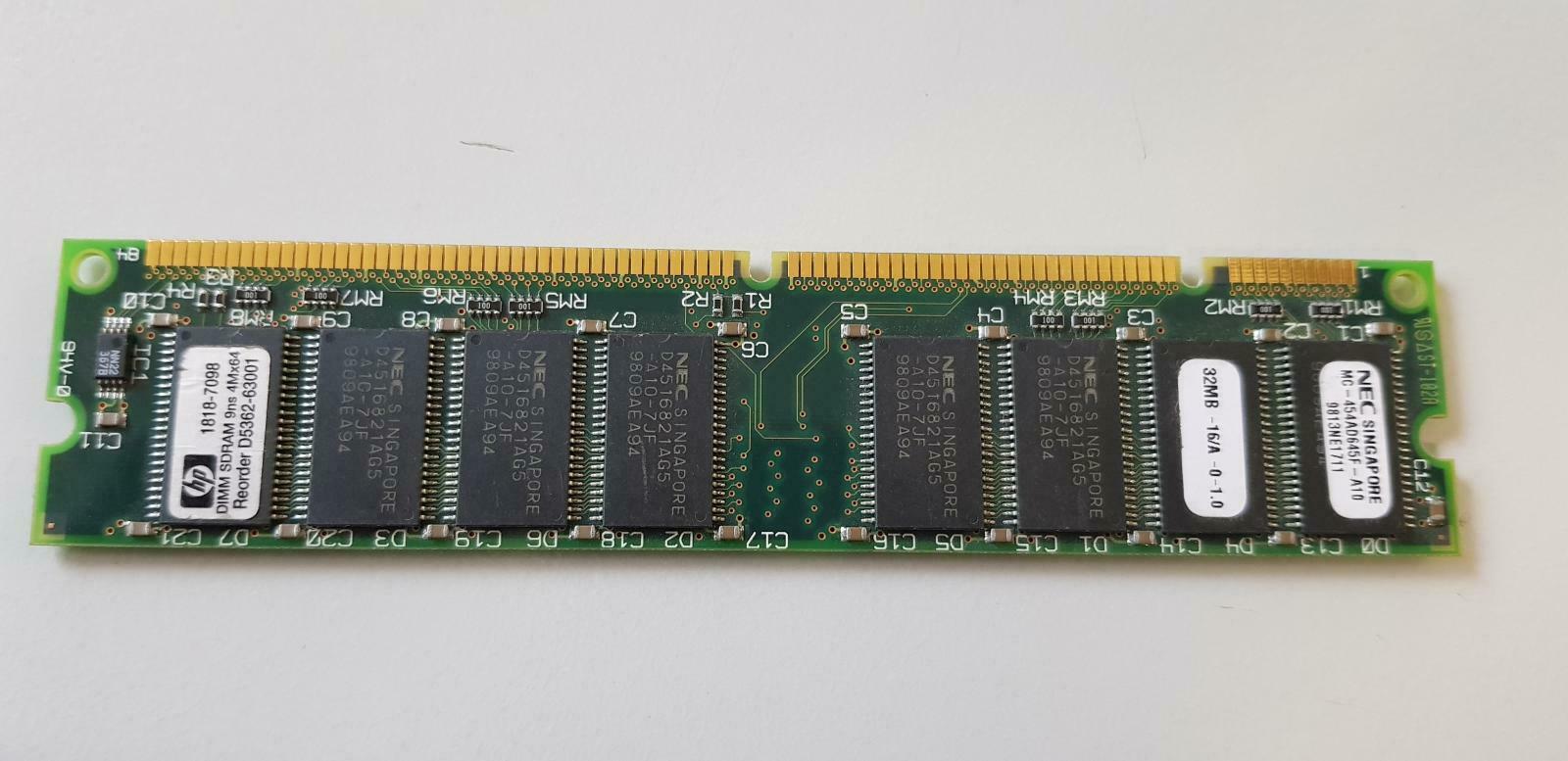 HP NEC 32MB PC66 66MHz non-ECC Unbuffered CL2 168-Pin DIMM ( D5362-63001 MC-454AD645F-A10 1818-7098 ) REF