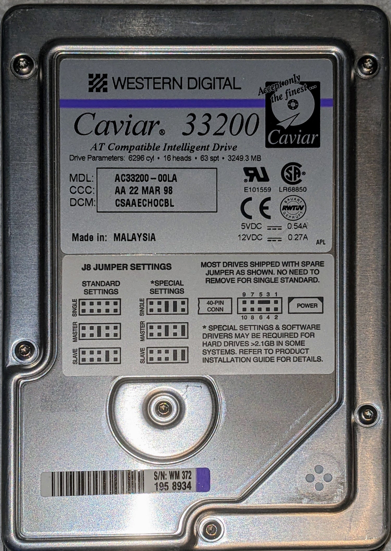 Western Digital 3.2Gb 5200rpm IDE 3.5in HDD ( AC33200-00LA ) REF