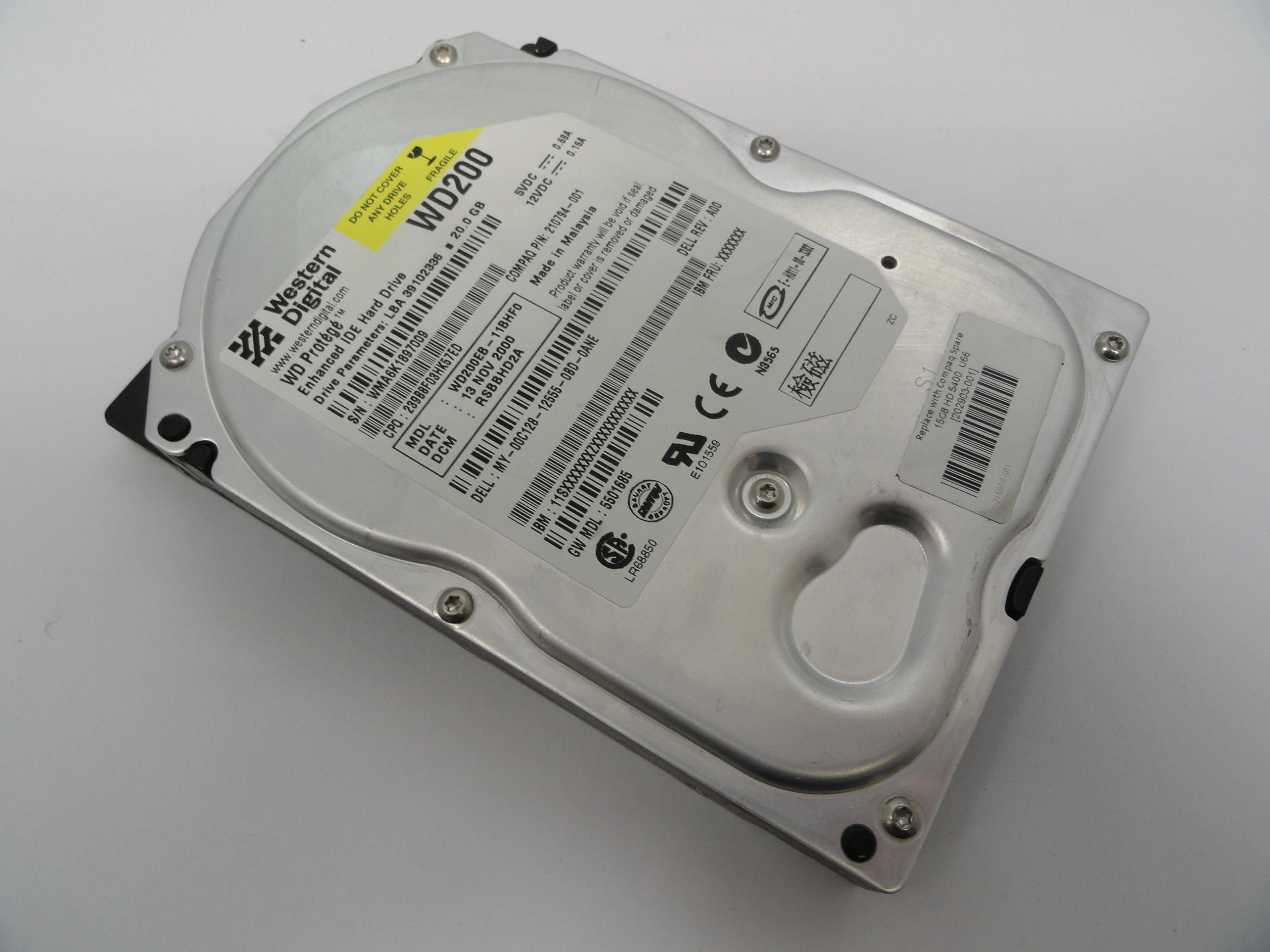 Western Digital Compaq Dell 20GB IDE 7200rpm 3.5in HDD ( WD200EB-11BHF0 210794-001 0C128 ) REF