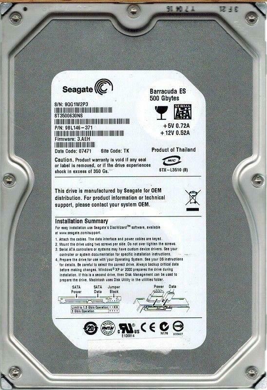 Seagate 500GB 7200RPM SATA 3.5in HDD ( ST3500630NS 9BL146-371 ) USED