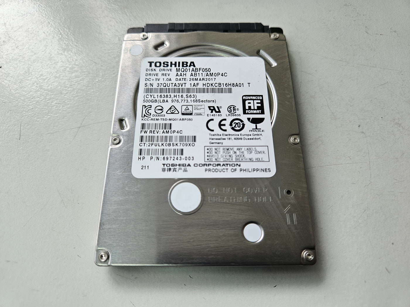 Toshiba HP 500GB SATA 5400rpm 2.5in HDD ( MQ01ABF050 697243-001 ) REF