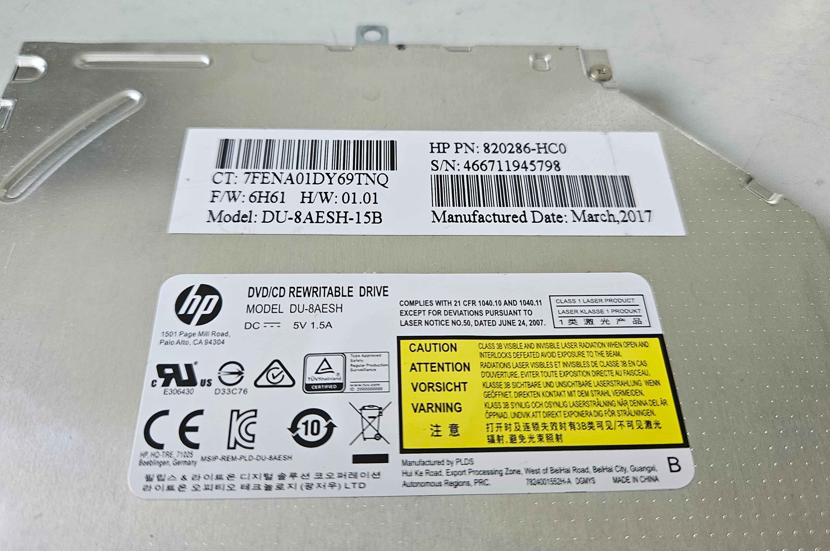 HP DC5V 1.5A SATA DVD/CD Rewritable Drive ( 820286-HC0 DU-8AESH-15B ) USED