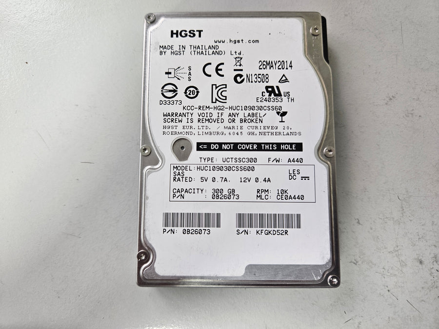 HGST 300GB 10KRPM SAS 2.5in HDD ( 0B26073 HUC109030CSS600 ) REF