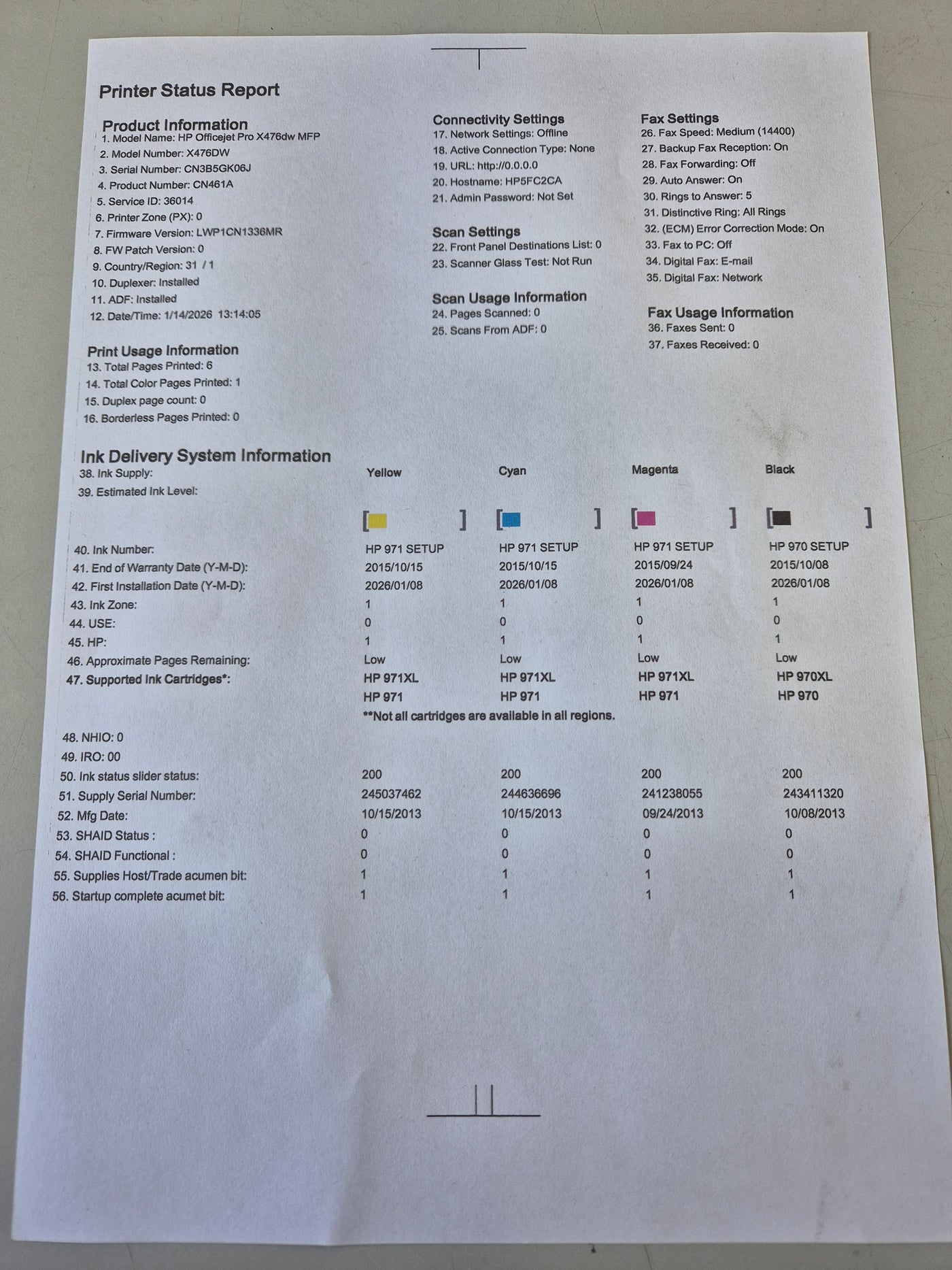 HP OfficeJet Pro x476DW multifunction printer w/ setup inks USED GRADE A