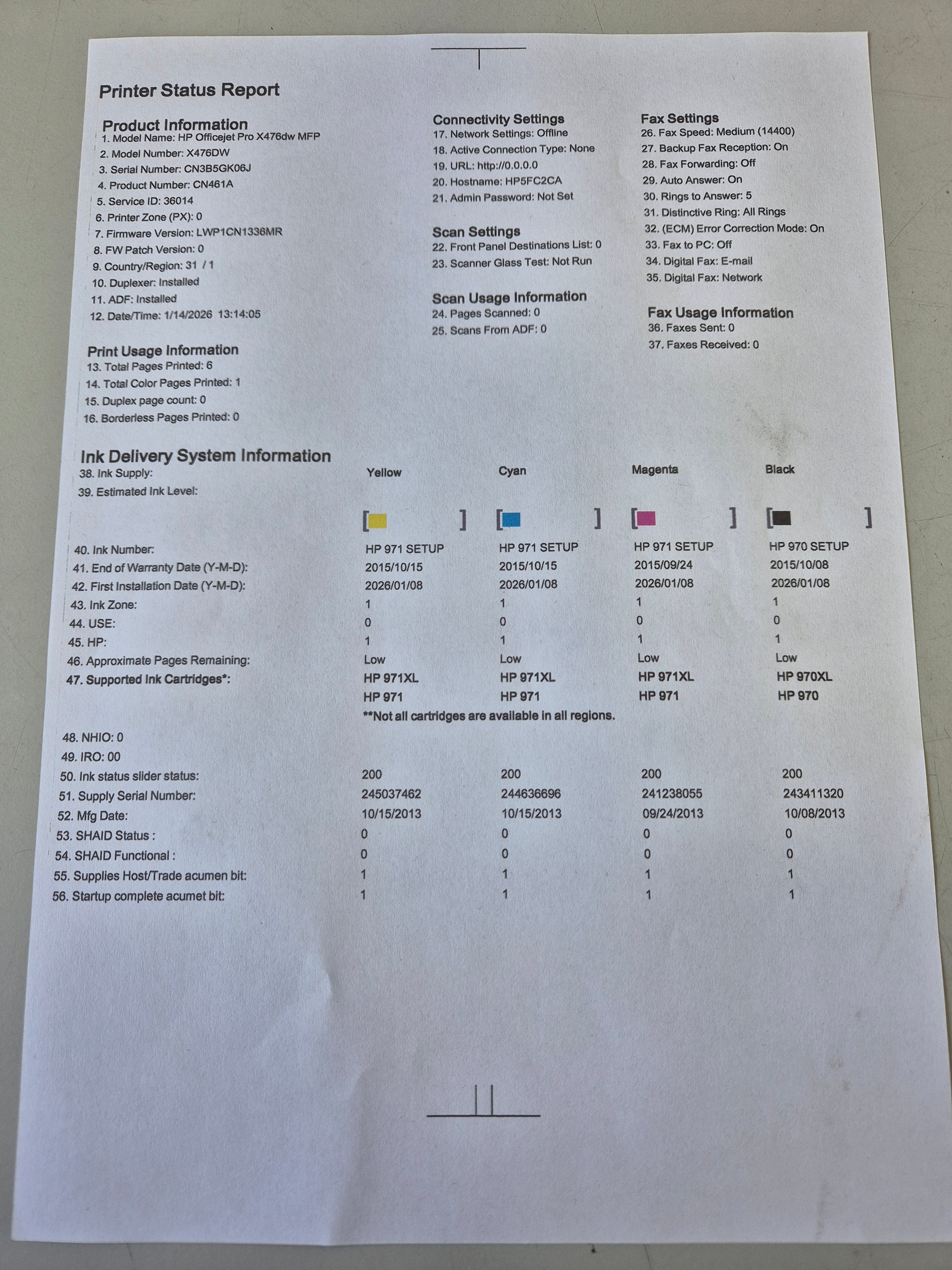 HP OfficeJet Pro x476DW multifunction printer w/ setup inks USED GRADE A