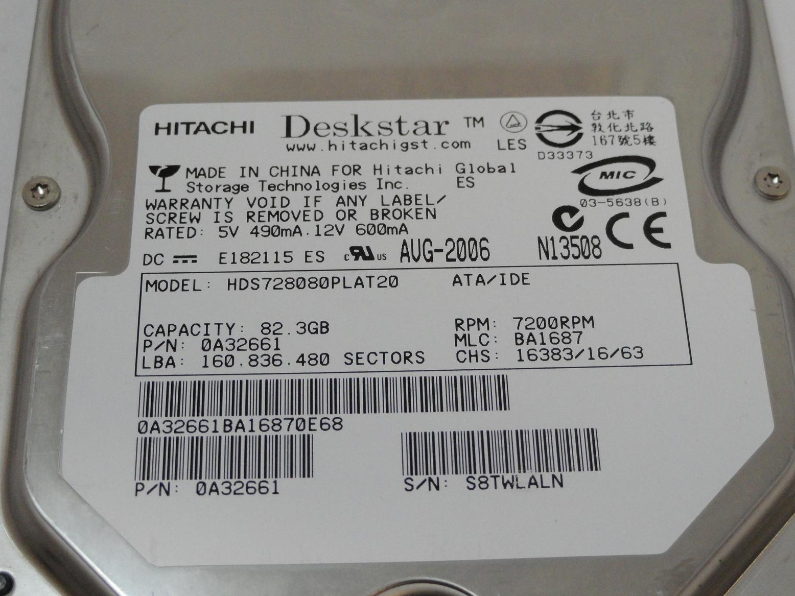 Hitachi 80GB IDE 7200rpm 3.5in HDD ( 0A31422 HDS728080PLAT20    Hitachi Ref)