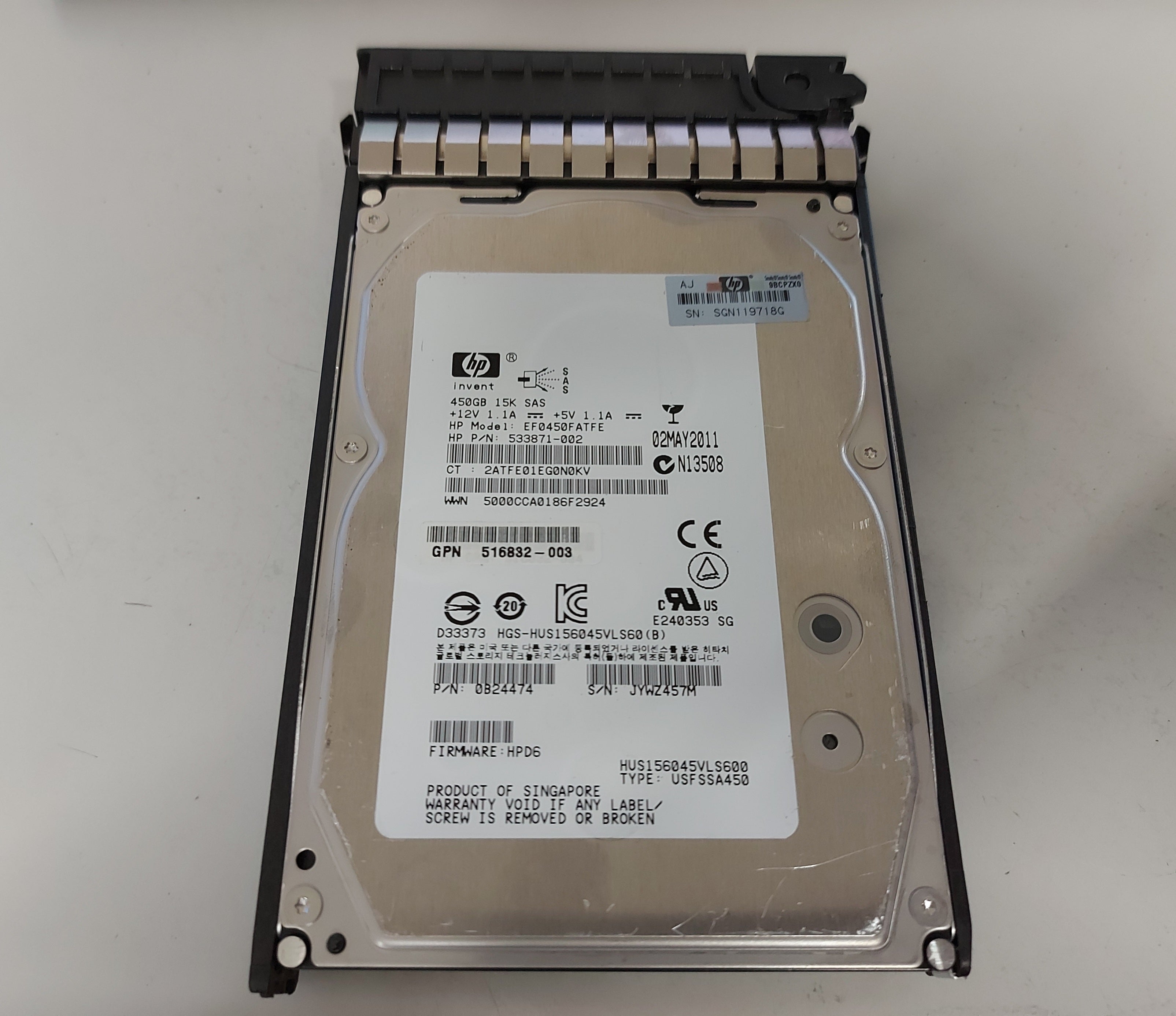 HP Hitachi 450GB 15Krpm SAS 3.5in HDD in Caddy ( 533871-002 EF0450FATFE 0B24474 HUS156045VLS600 516832-003 517352-001 ) USED
