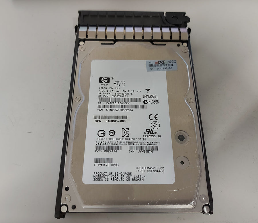 HP Hitachi 450GB 15Krpm SAS 3.5in HDD in Caddy ( 533871-002 EF0450FATFE 0B24474 HUS156045VLS600 516832-003 517352-001 ) USED