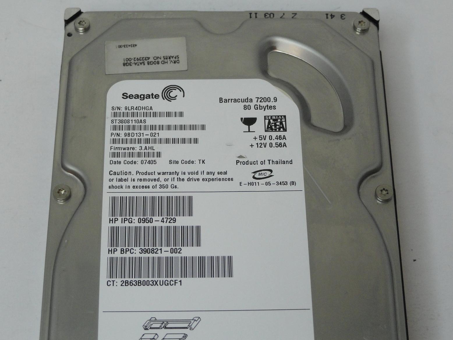 Seagate HP 80GB SATA 7200rpm 3.5in HDD ( ST3808110AS 432392-001 9BD131-021 390821-002 0950-4729 ) REF