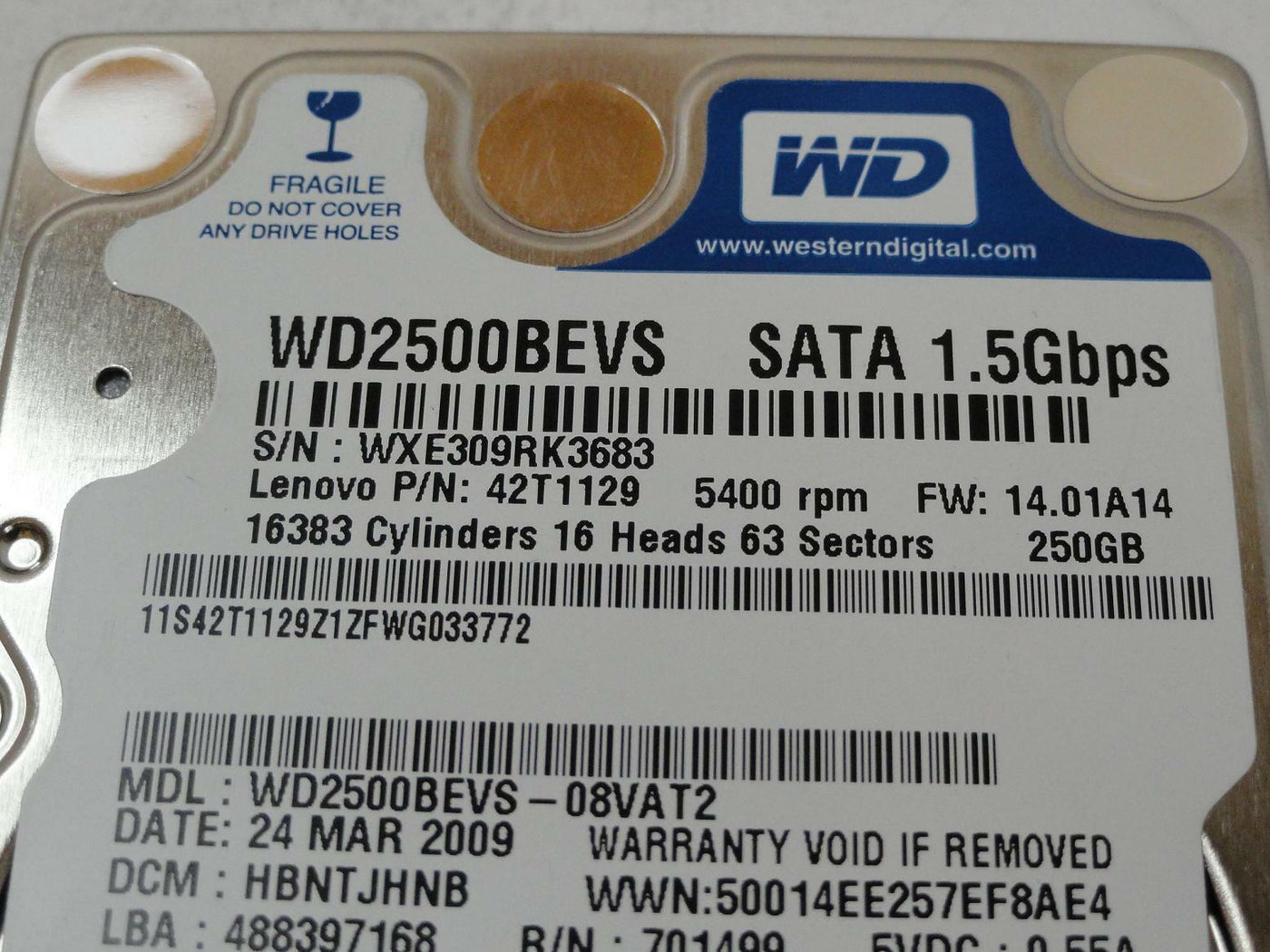 Western Digital Lenovo 250GB SATA 2.5" 5400rpm HDD ( WD2500BEVS-08VAT2 42T1129 42T1581 42T1580 ) REF