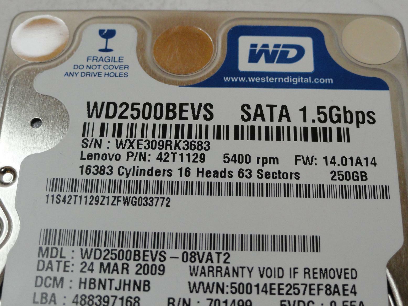 Western Digital Lenovo 250GB SATA 2.5" 5400rpm HDD ( WD2500BEVS-08VAT2 42T1129 42T1581 42T1580 ) REF