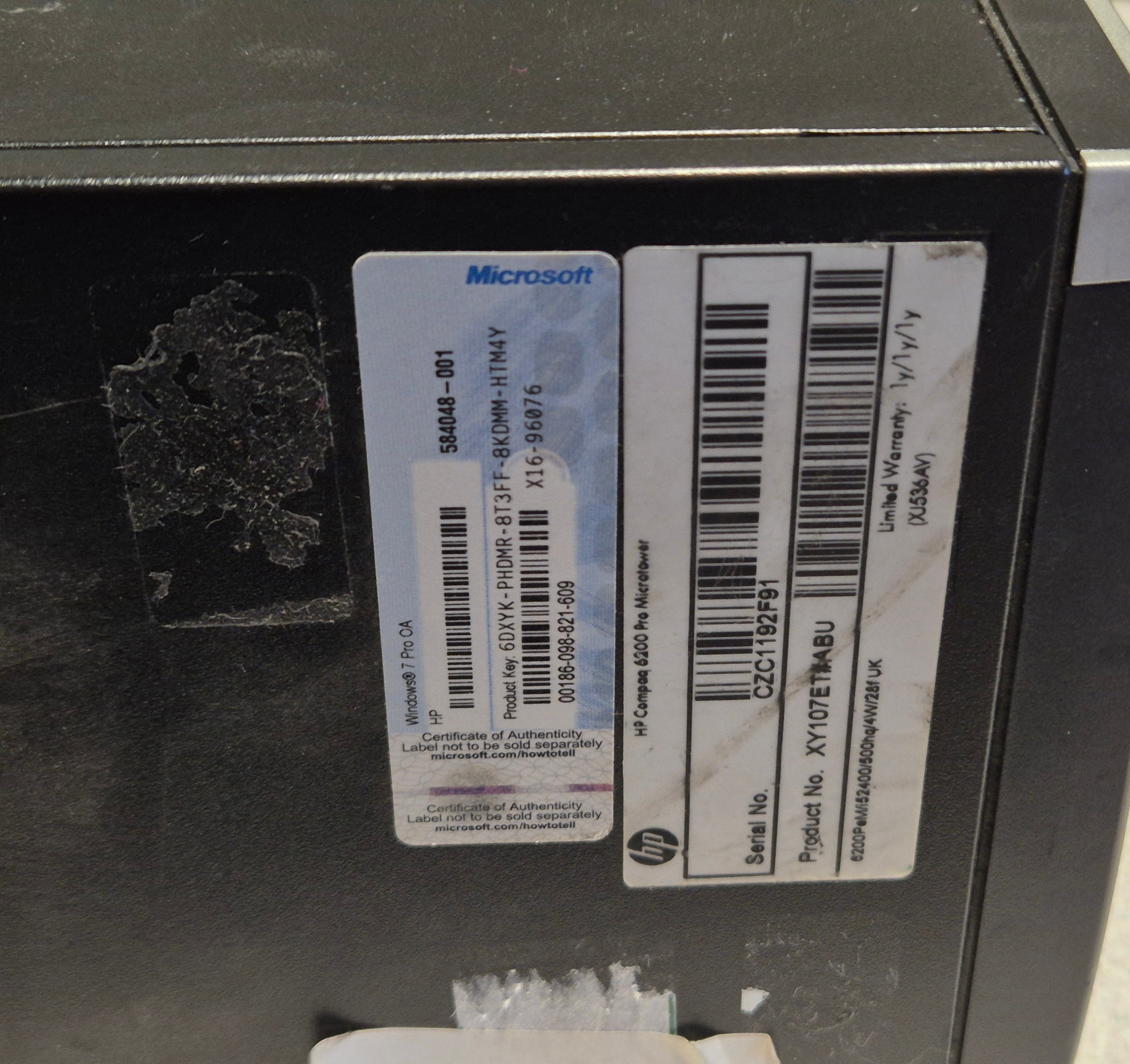 HP Compaq 6200 Pro MT DVD 8GB RAM i5-2400 3.1GHz NO OS NO HD Win7Pro COA present ( XY107ET#ABU ) USED