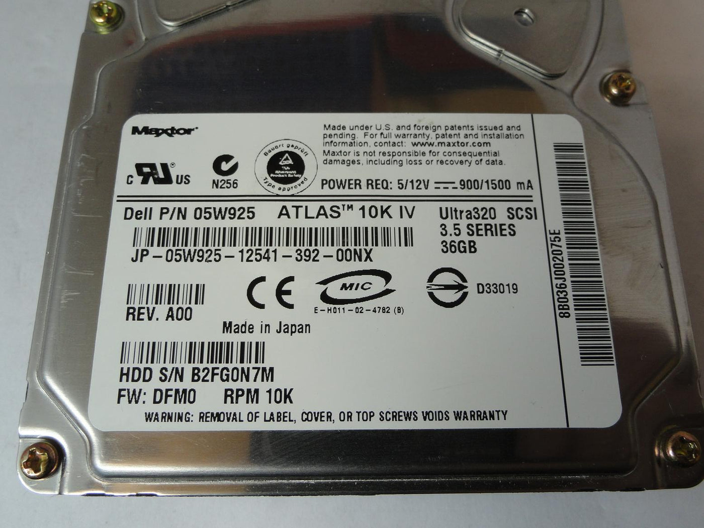 PR05783_8B036J0_Maxtor Dell 36GB SCSI 80 Pin 10Krpm 3.5in HDD - Image4