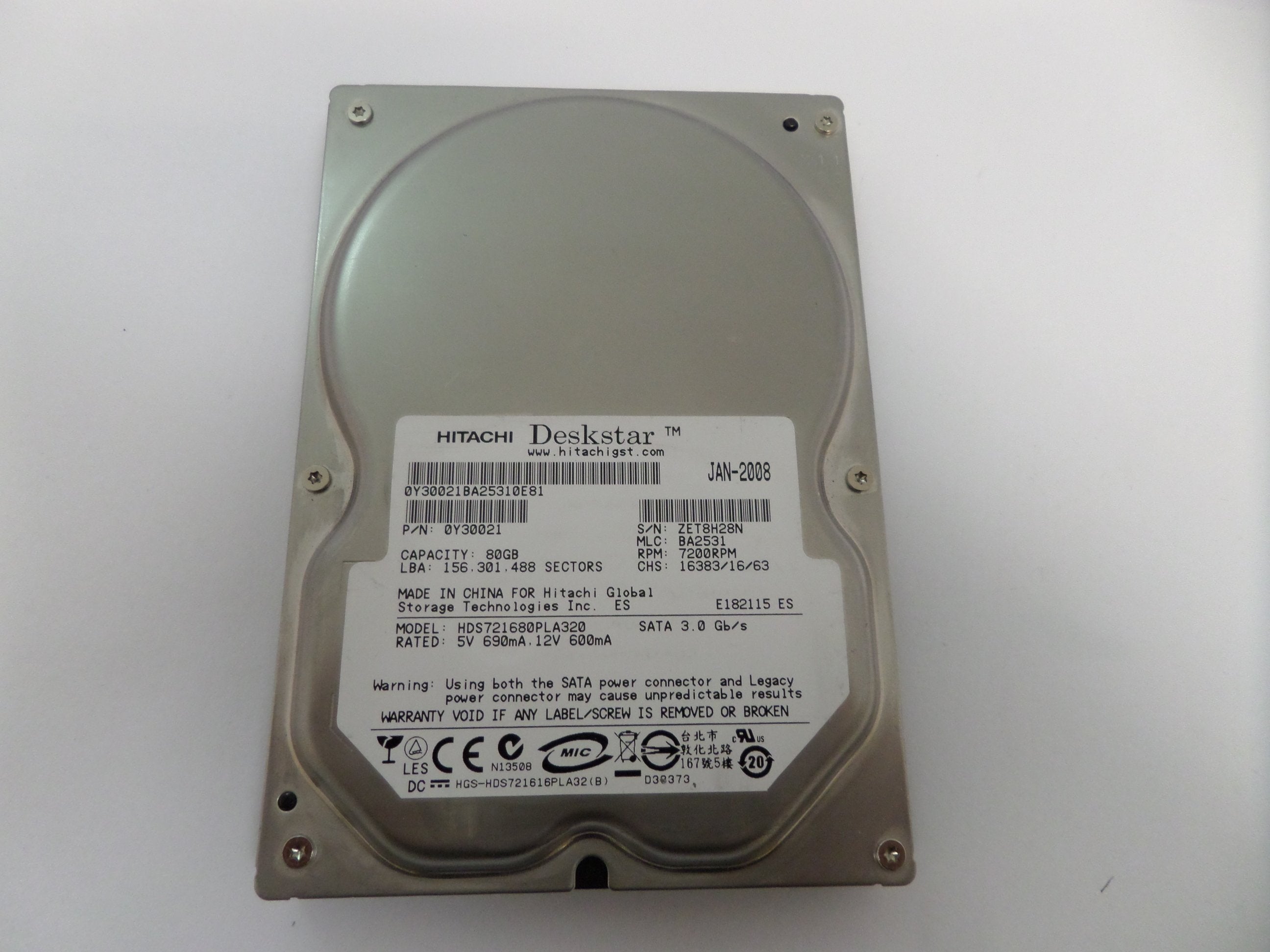 0Y30021 - HITACHI SATA DESKSTAR 80GB 3.5" HDD - USED