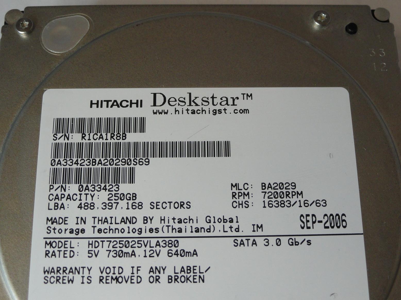 Hitachi 250GB SATA 7200rpm 3.5in HDD ( 0A34035 HDT725025VLA380 ) REF