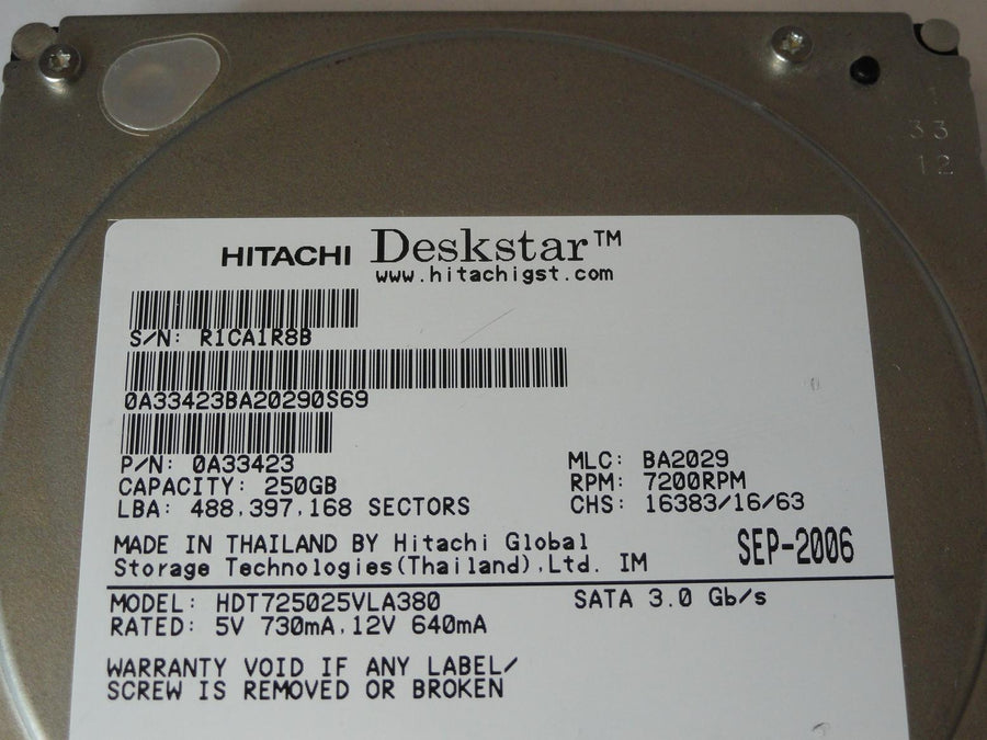 Hitachi 250GB SATA 7200rpm 3.5in HDD ( 0A34035 HDT725025VLA380 ) REF