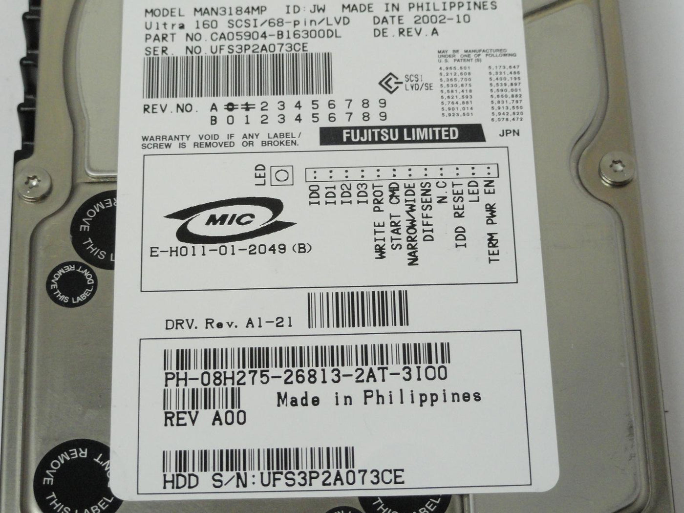 Fujitsu Dell 18.4GB SCSI 68Pin 10Krpm 3.5in HDD ( CA05904-B16300DL MAN3184MP 08H275 ) REF
