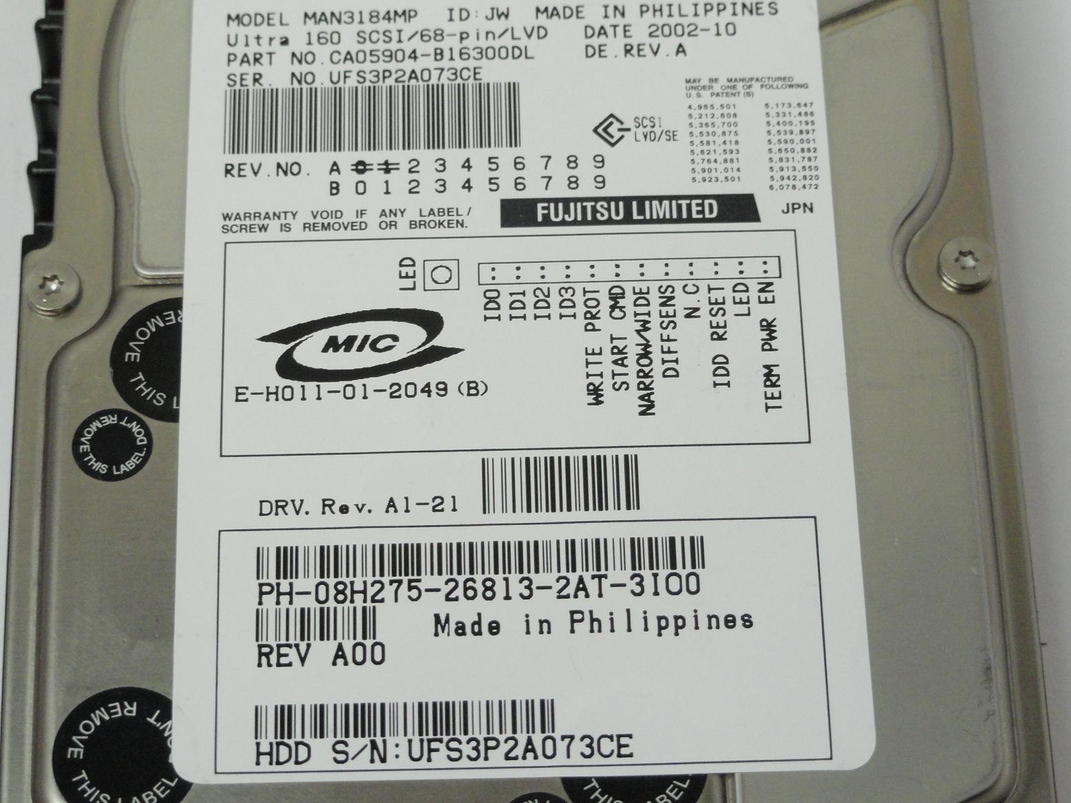 Fujitsu Dell 18.4GB SCSI 68Pin 10Krpm 3.5in HDD ( CA05904-B16300DL MAN3184MP 08H275 ) REF