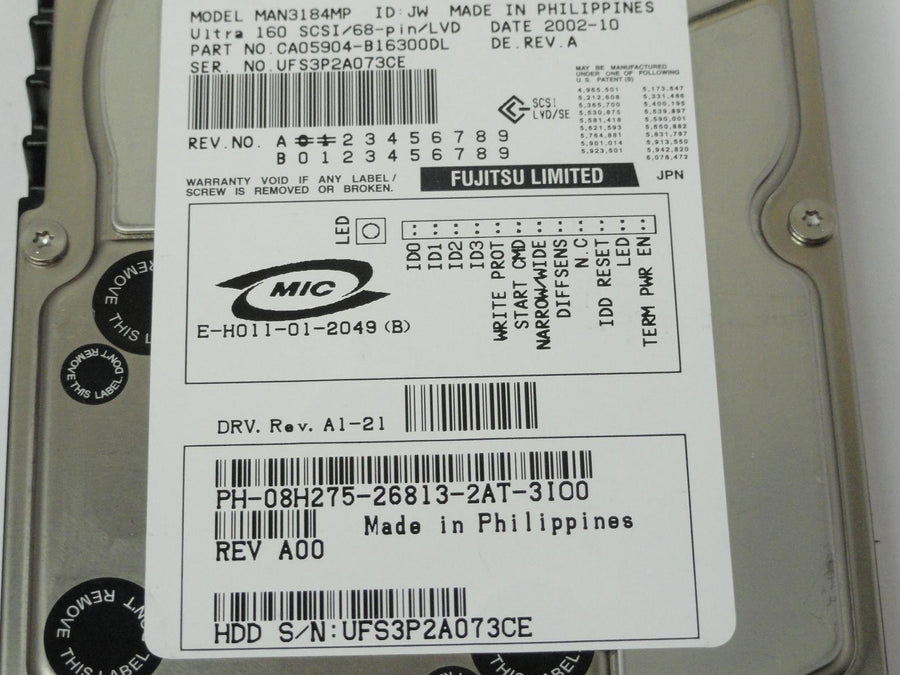 Fujitsu Dell 18.4GB SCSI 68Pin 10Krpm 3.5in HDD ( CA05904-B16300DL MAN3184MP 08H275 ) REF
