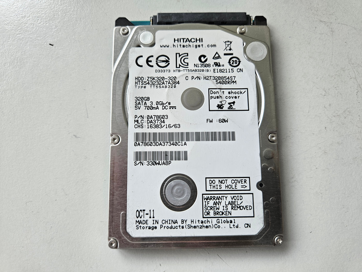 Hitachi 320GB 5400rpm SATA 2.5" HDD ( 0A78603 Z5K320-320 HTS543232A7A384 H2T320854S7 ) USED