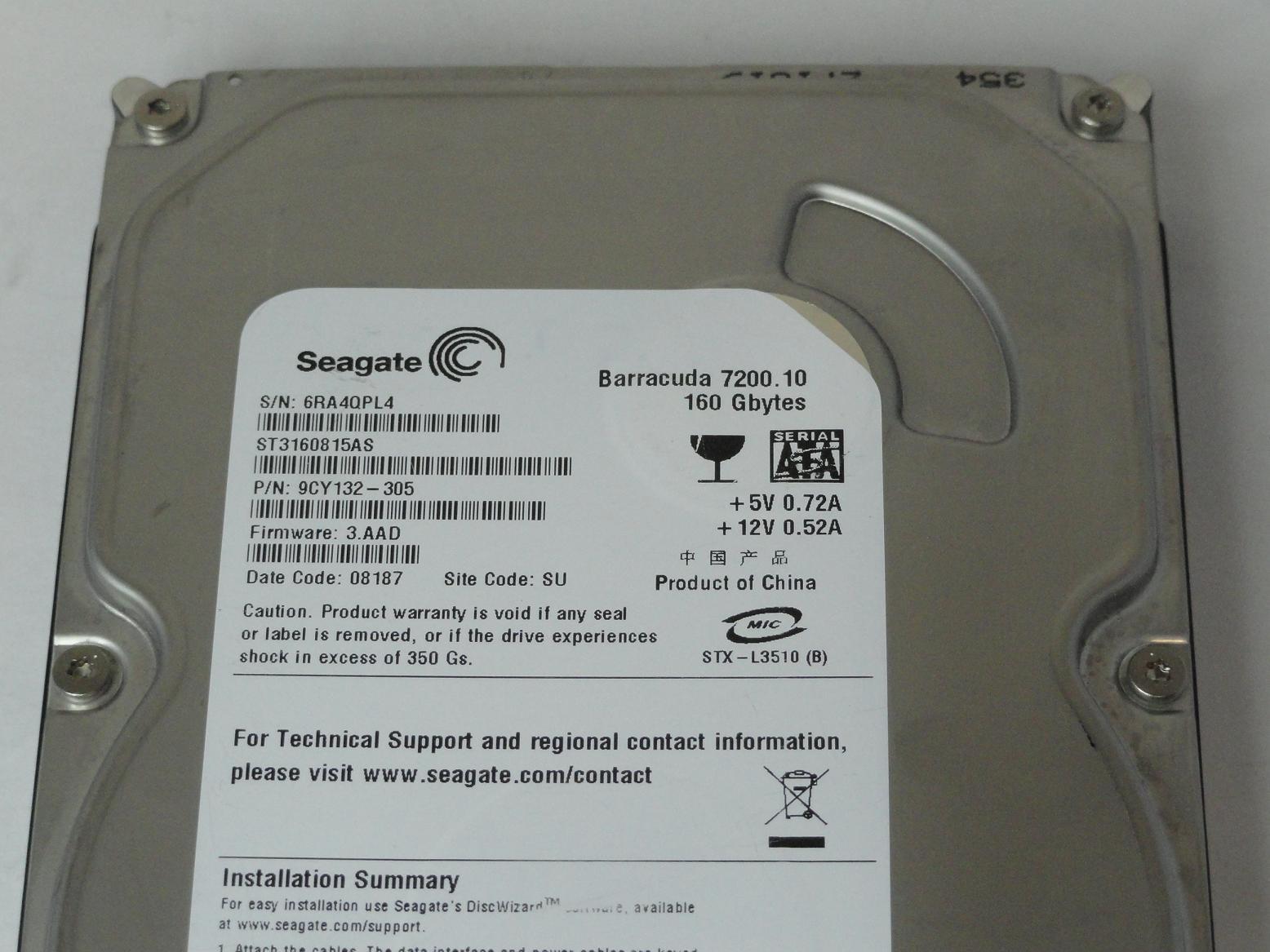 Seagate 160GB SATA 7200rpm 3.5in HDD ( 9CY132-305 ST3160815AS ) USED