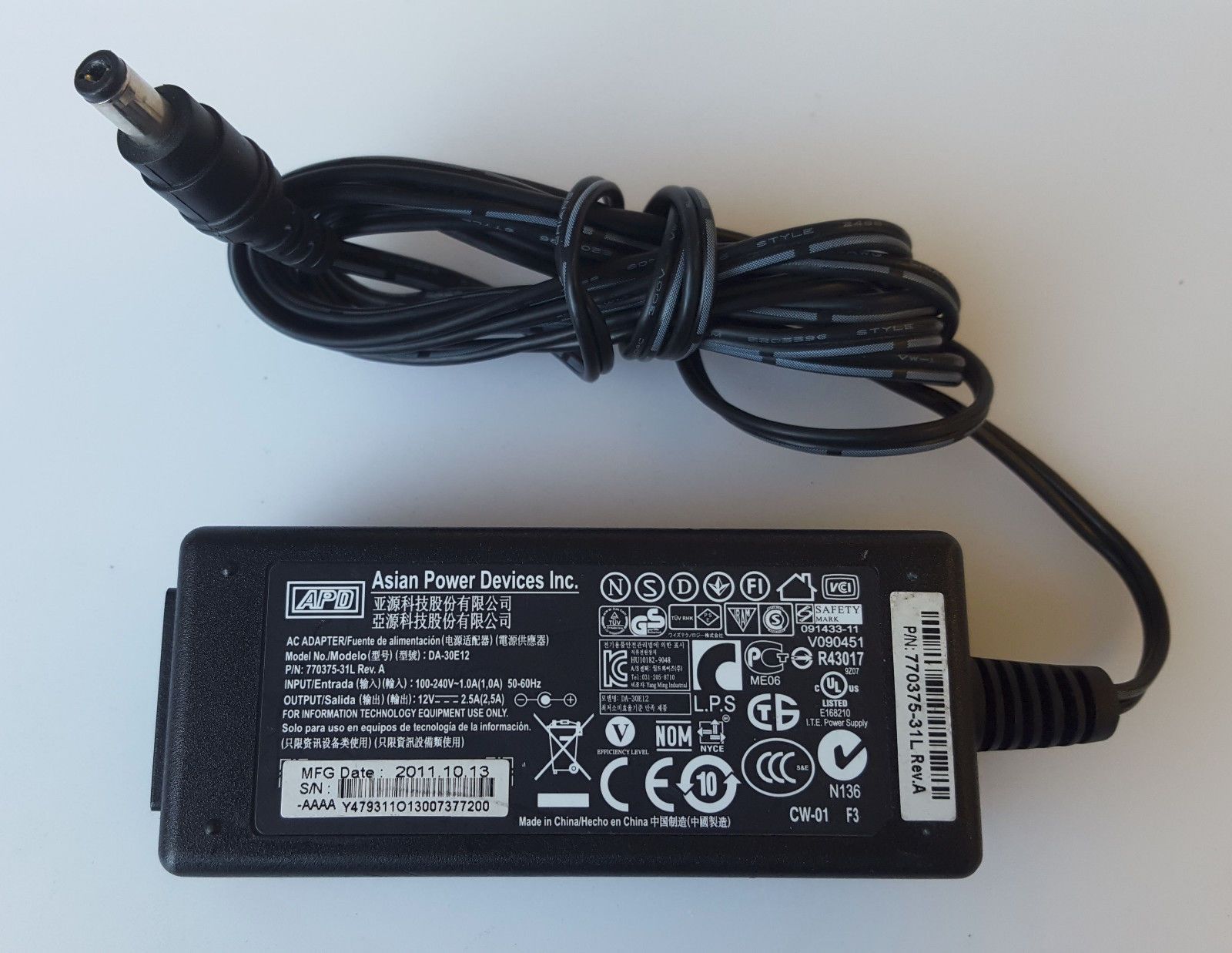 Asian Power Devices AC Adapter 12V (DA-30E12 USED)