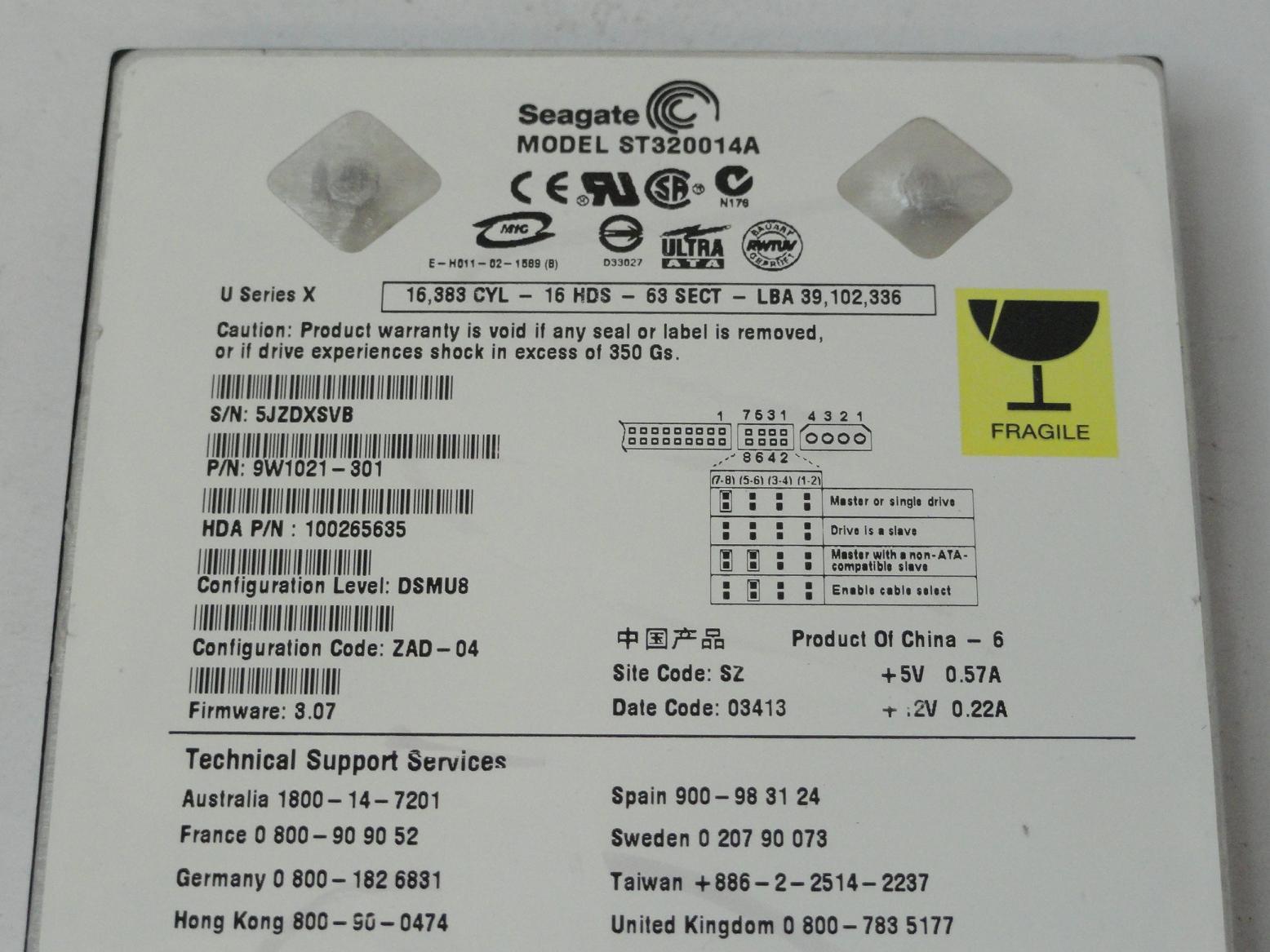 Seagate 20GB IDE 5400rpm 3.5in HDD ( 9W1021-301 ST320014A ) REF