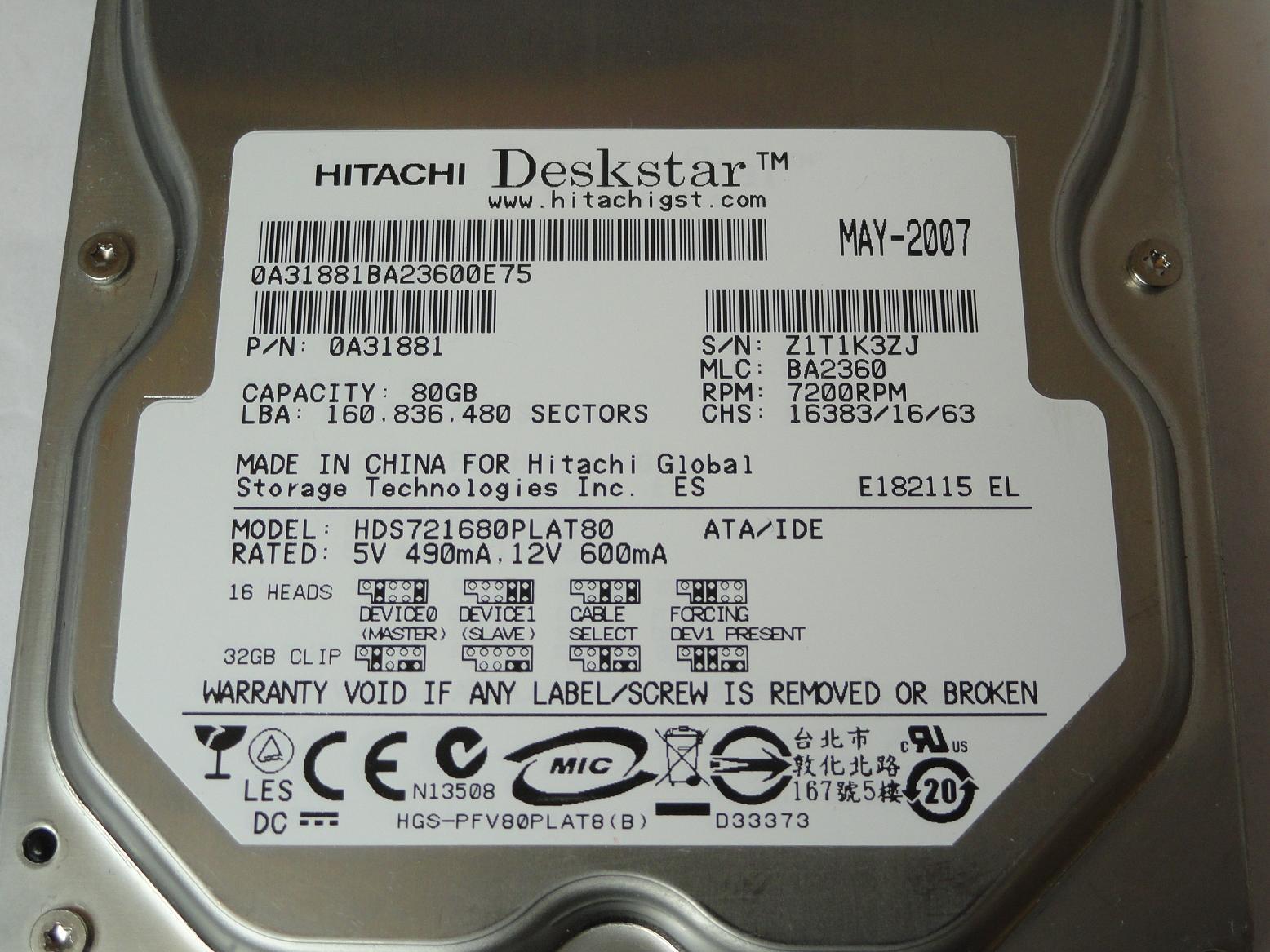 PR13333_0A31881_Hitachi 80GB IDE 7200rpm 3.5in HDD - Image3