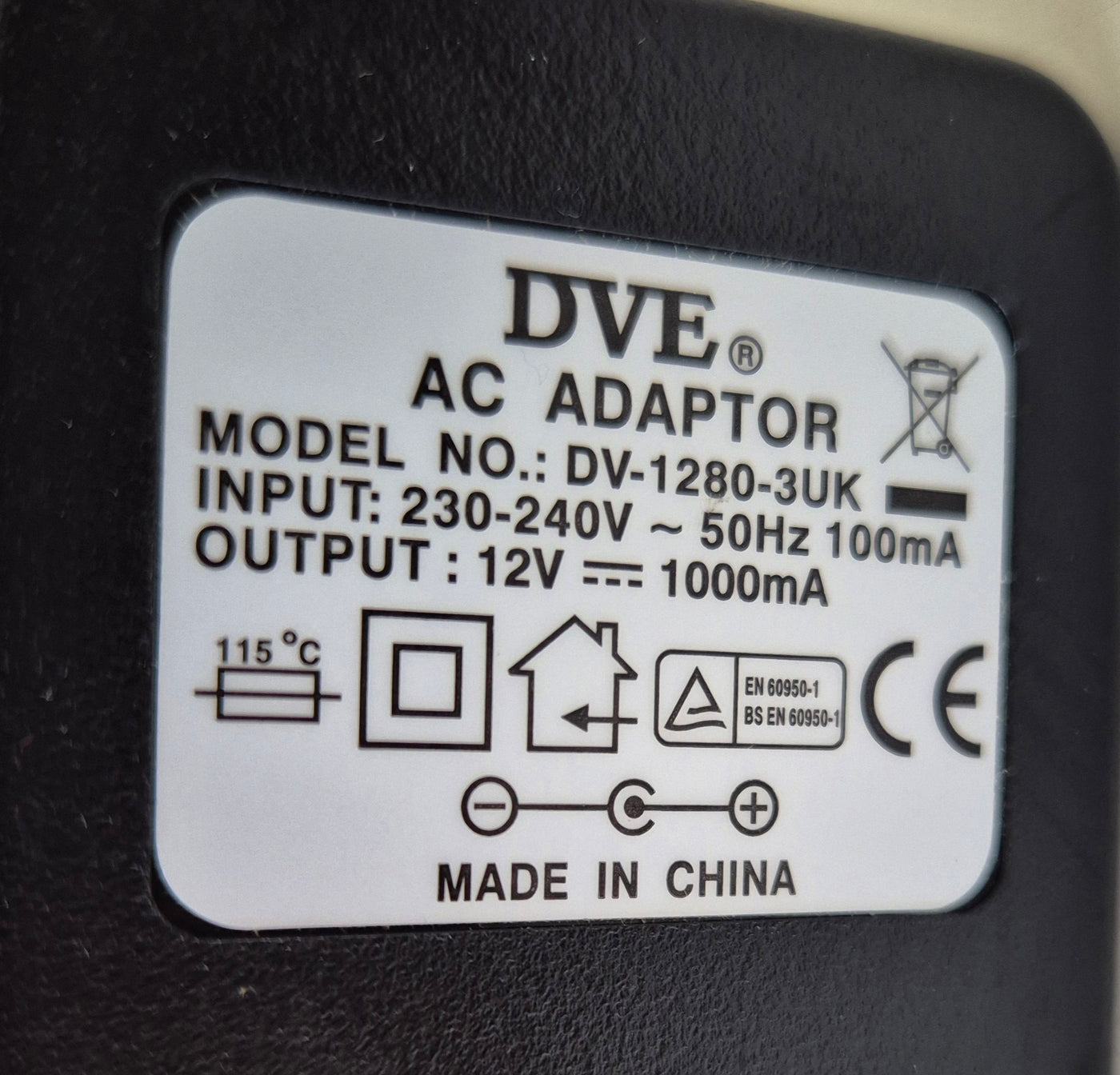 DVE AC Adaptor IN: 230-240V/50Hz/100mA OUT: 12V/1000mA ( DV-1280-3UK ) NEW