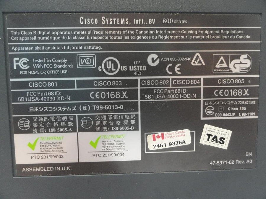 Cisco 803 series ISDN Ethernet Router - Black ( CISCO 803 5B1USA-40030-XD-N PTC 231/99/004 I88-5005-B 5895014705260 Cisco )